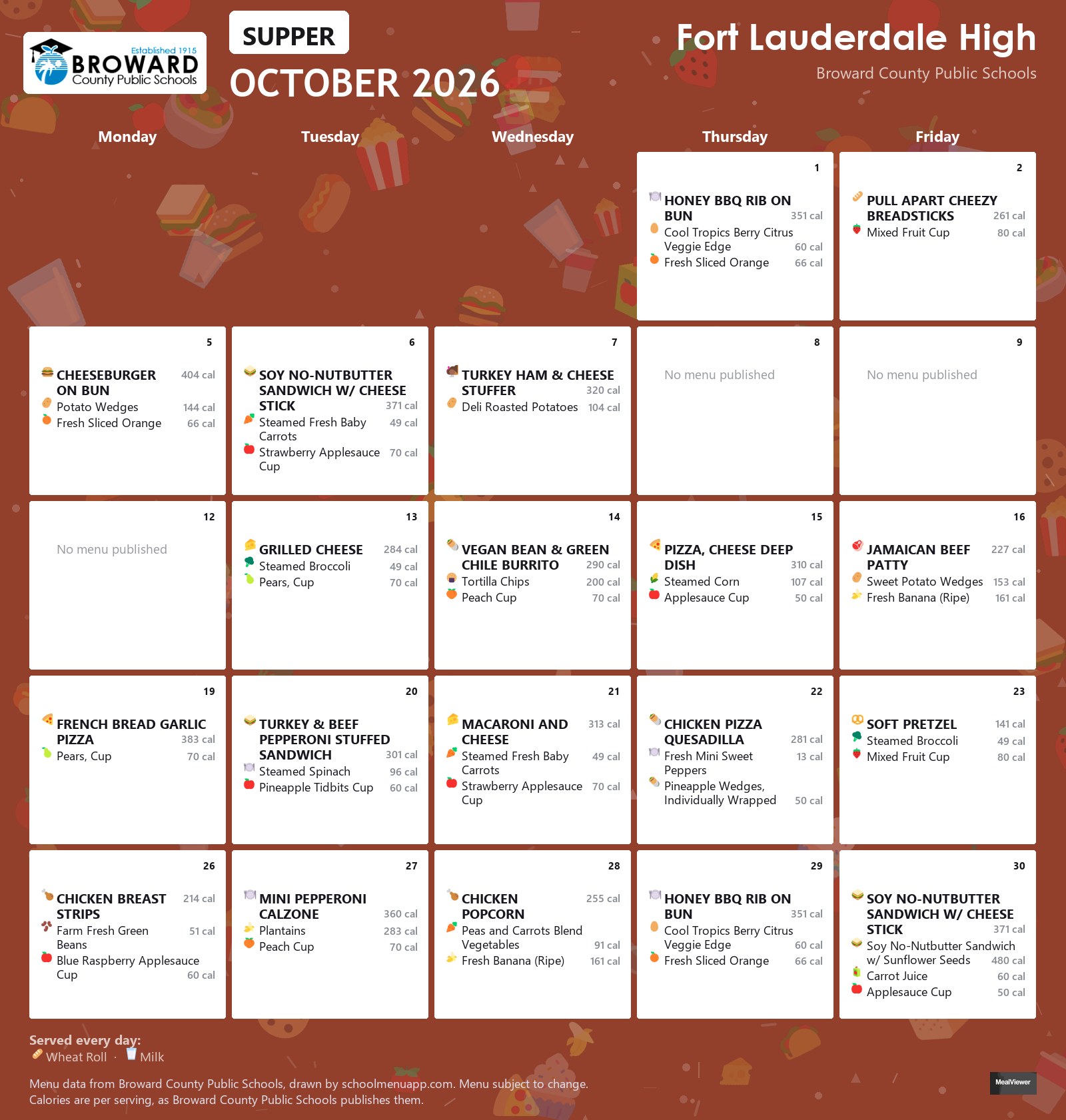 Fort Lauderdale High supper menu for October 2026 &mdash; Broward County Public Schools