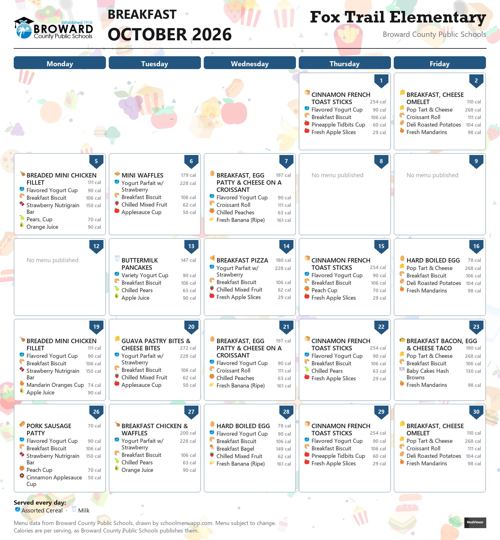 Fox Trail Elementary breakfast menu for October 2026 &mdash; Broward County Public Schools