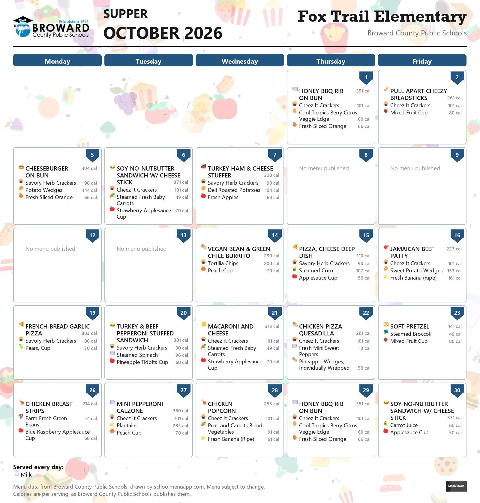 Fox Trail Elementary supper menu for October 2026 &mdash; Broward County Public Schools