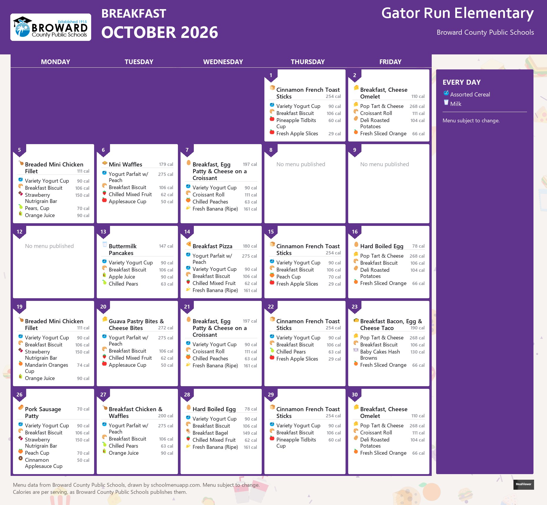 Gator Run Elementary breakfast menu for October 2026 &mdash; Broward County Public Schools