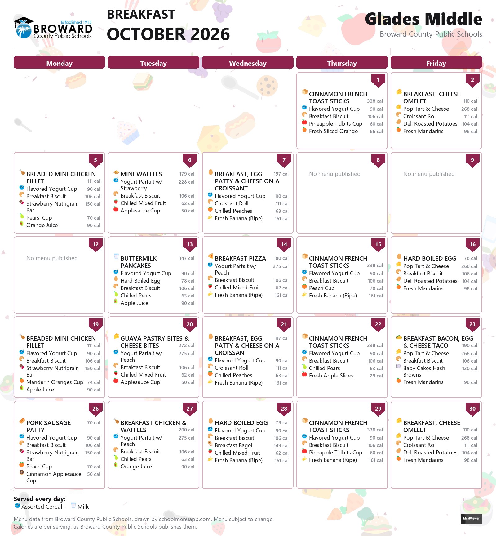 Glades Middle breakfast menu for October 2026 &mdash; Broward County Public Schools
