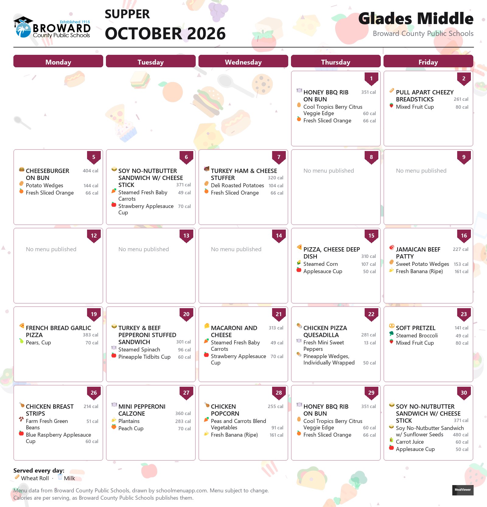 Glades Middle supper menu for October 2026 &mdash; Broward County Public Schools