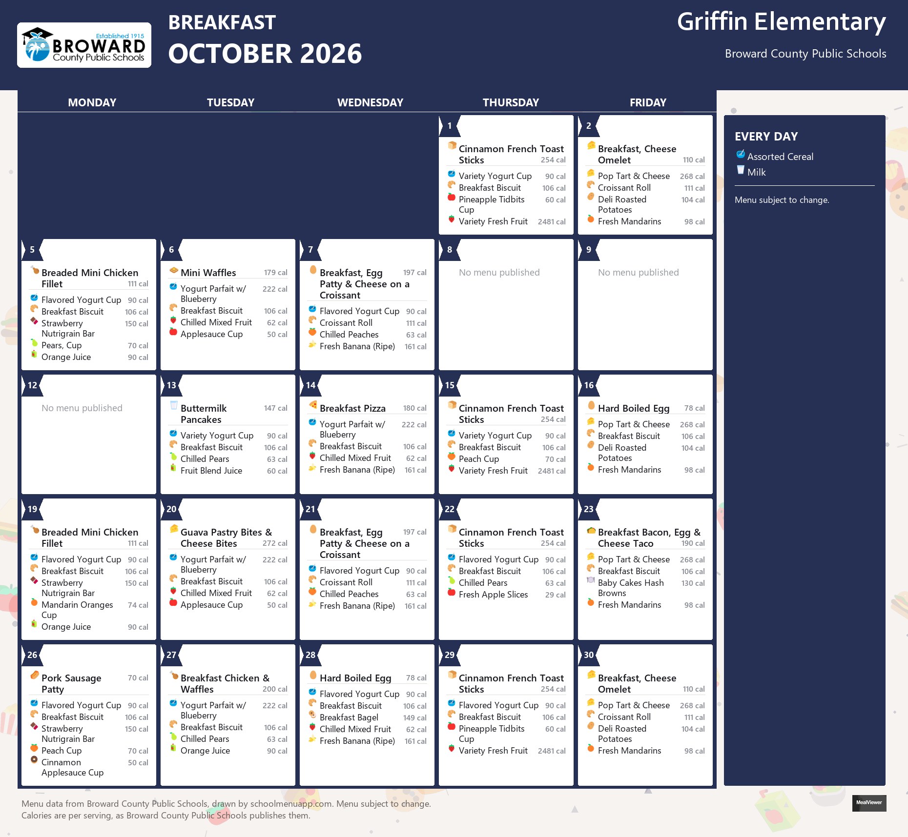 Griffin Elementary breakfast menu for October 2026 &mdash; Broward County Public Schools