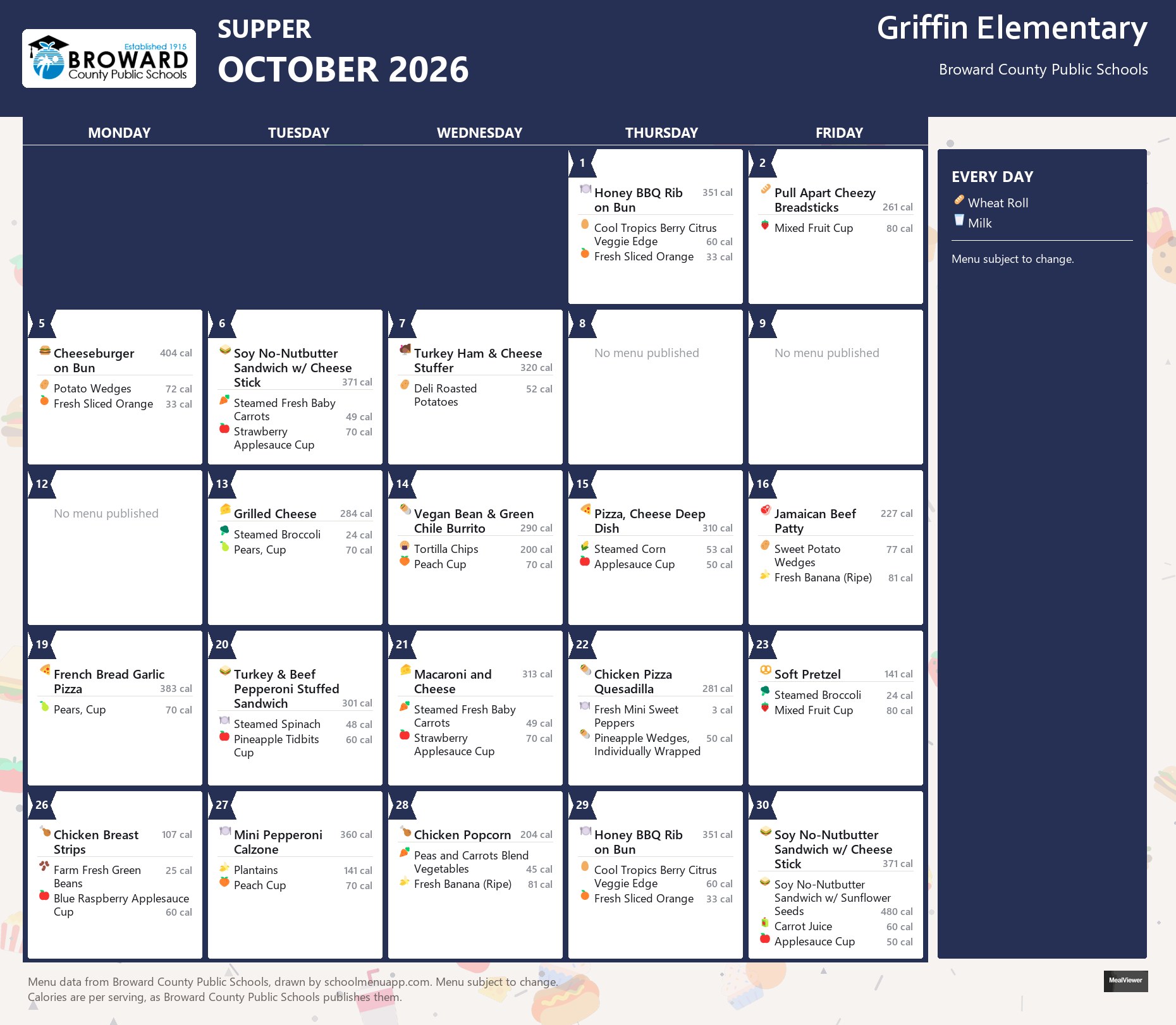 Griffin Elementary supper menu for October 2026 &mdash; Broward County Public Schools