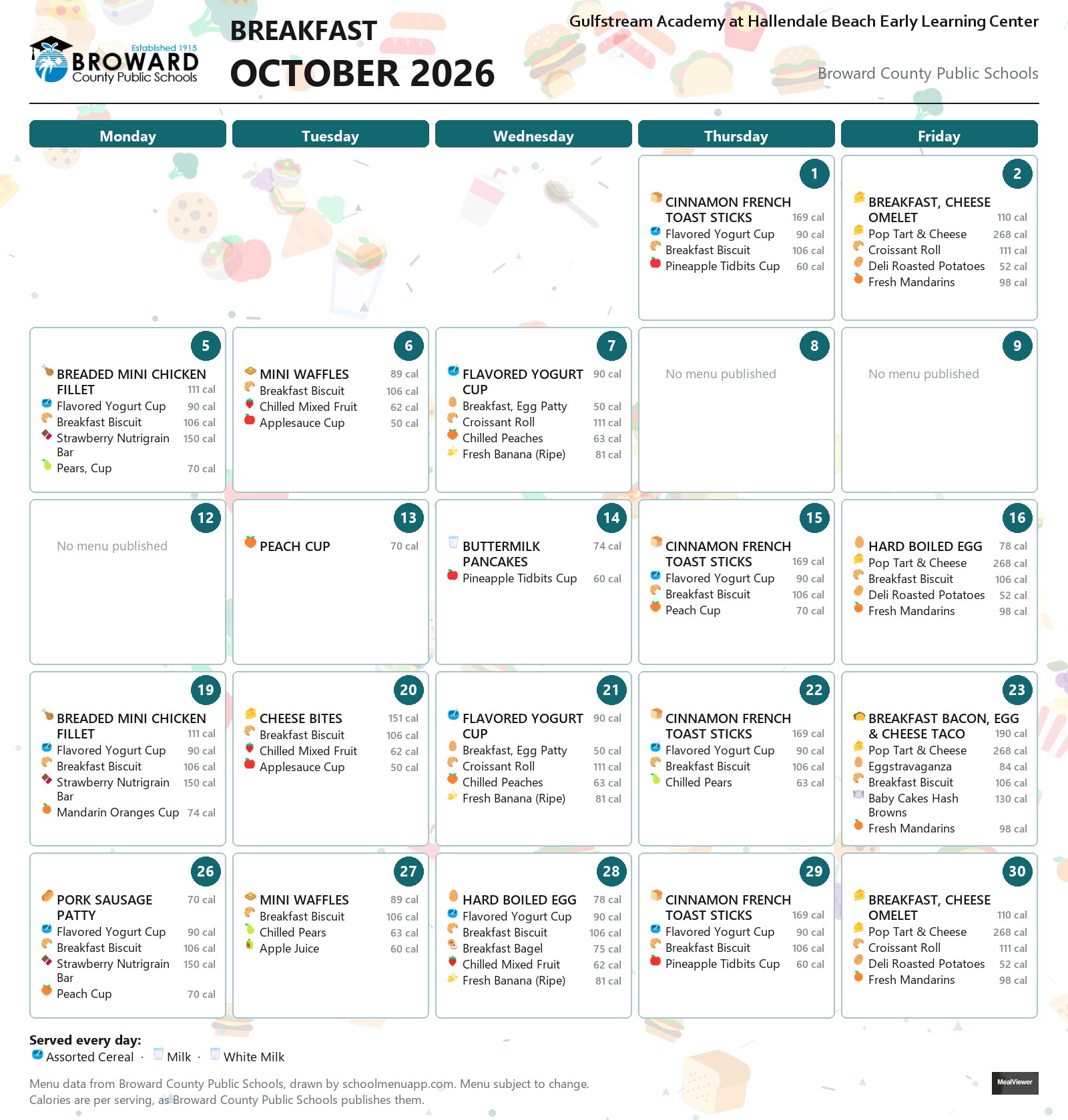 Gulfstream Academy at Hallendale Beach Early Learning Center breakfast menu for October 2026 &mdash; Broward County Public Schools