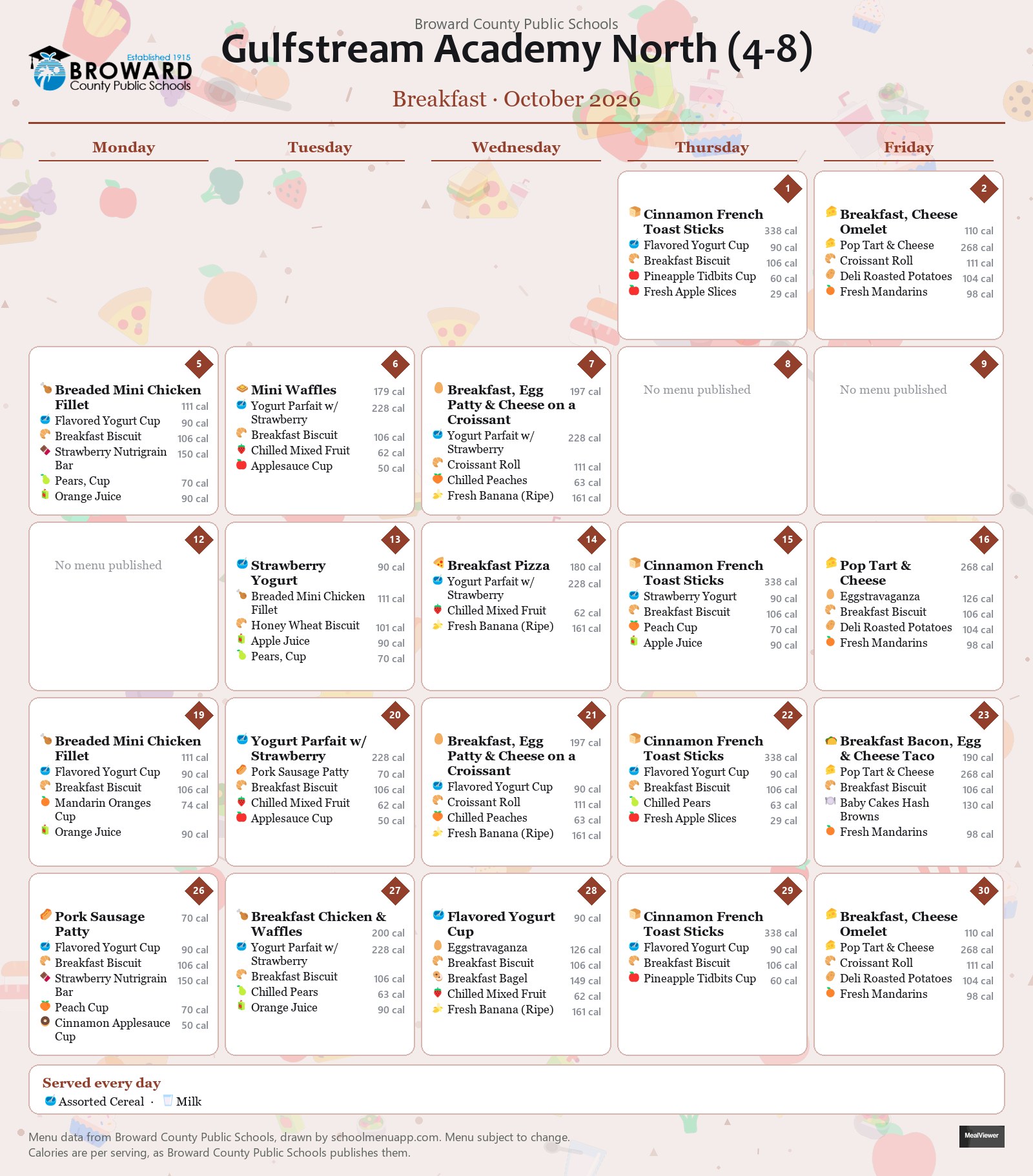 Gulfstream Academy North (4-8) breakfast menu for October 2026 &mdash; Broward County Public Schools