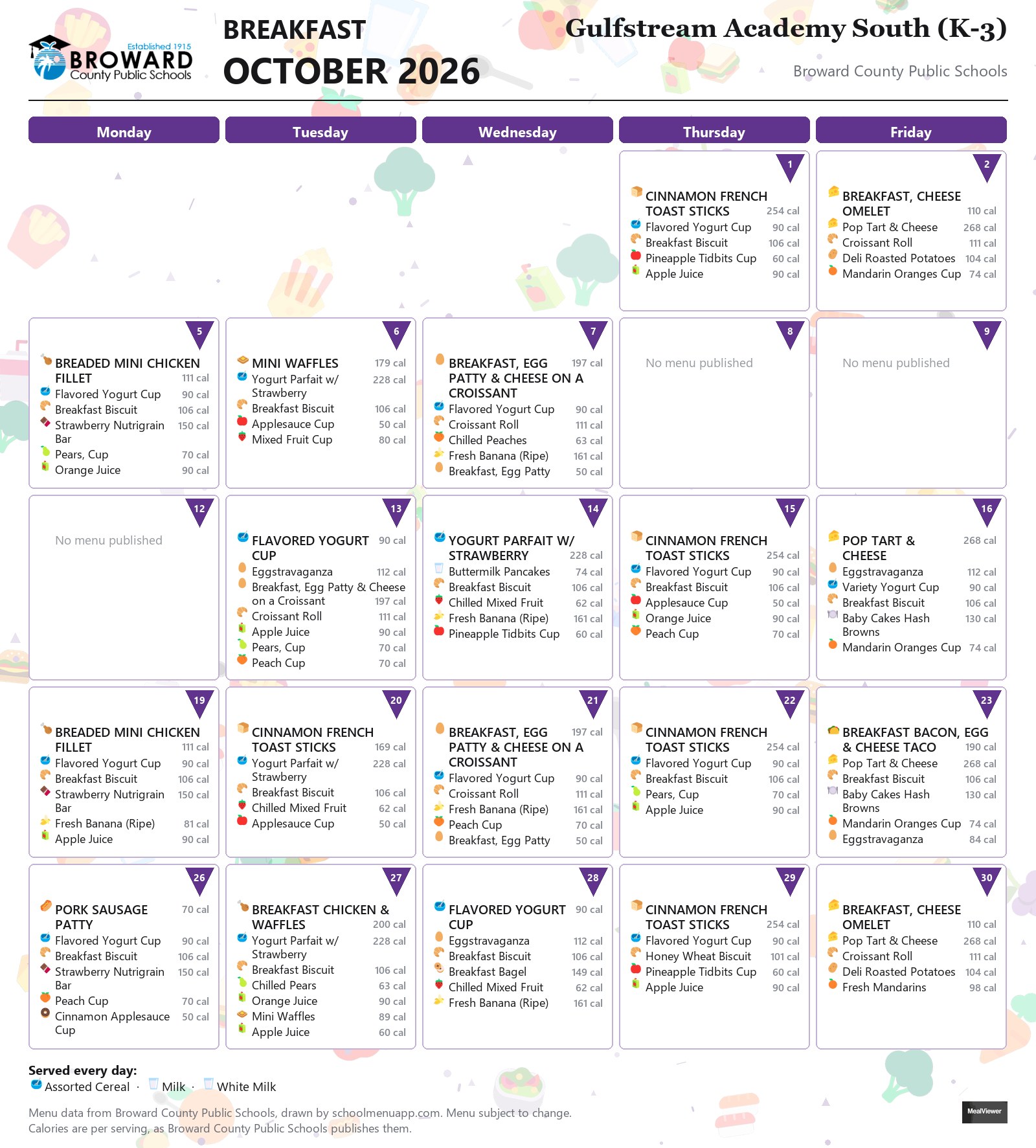 Gulfstream Academy South (K-3) breakfast menu for October 2026 &mdash; Broward County Public Schools