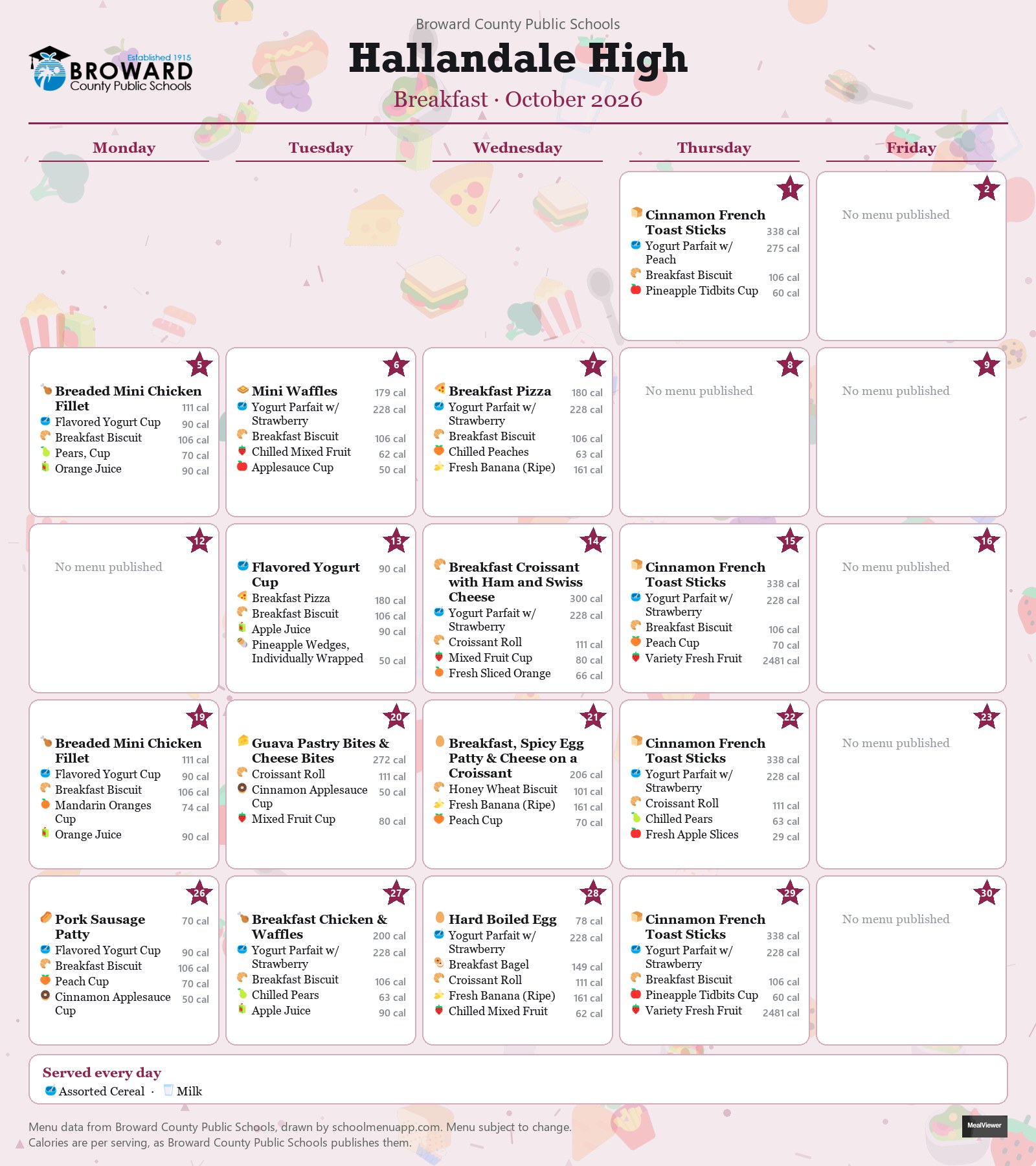 Hallandale High breakfast menu for October 2026 &mdash; Broward County Public Schools