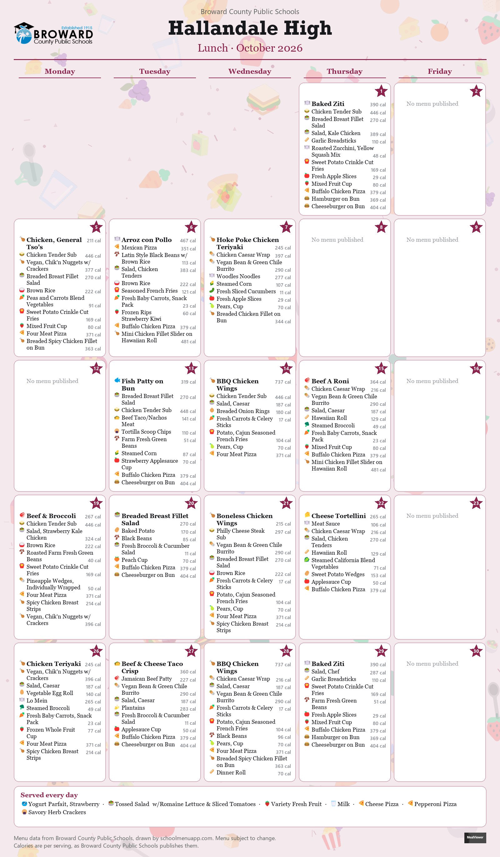 Hallandale High lunch menu for October 2026 &mdash; Broward County Public Schools