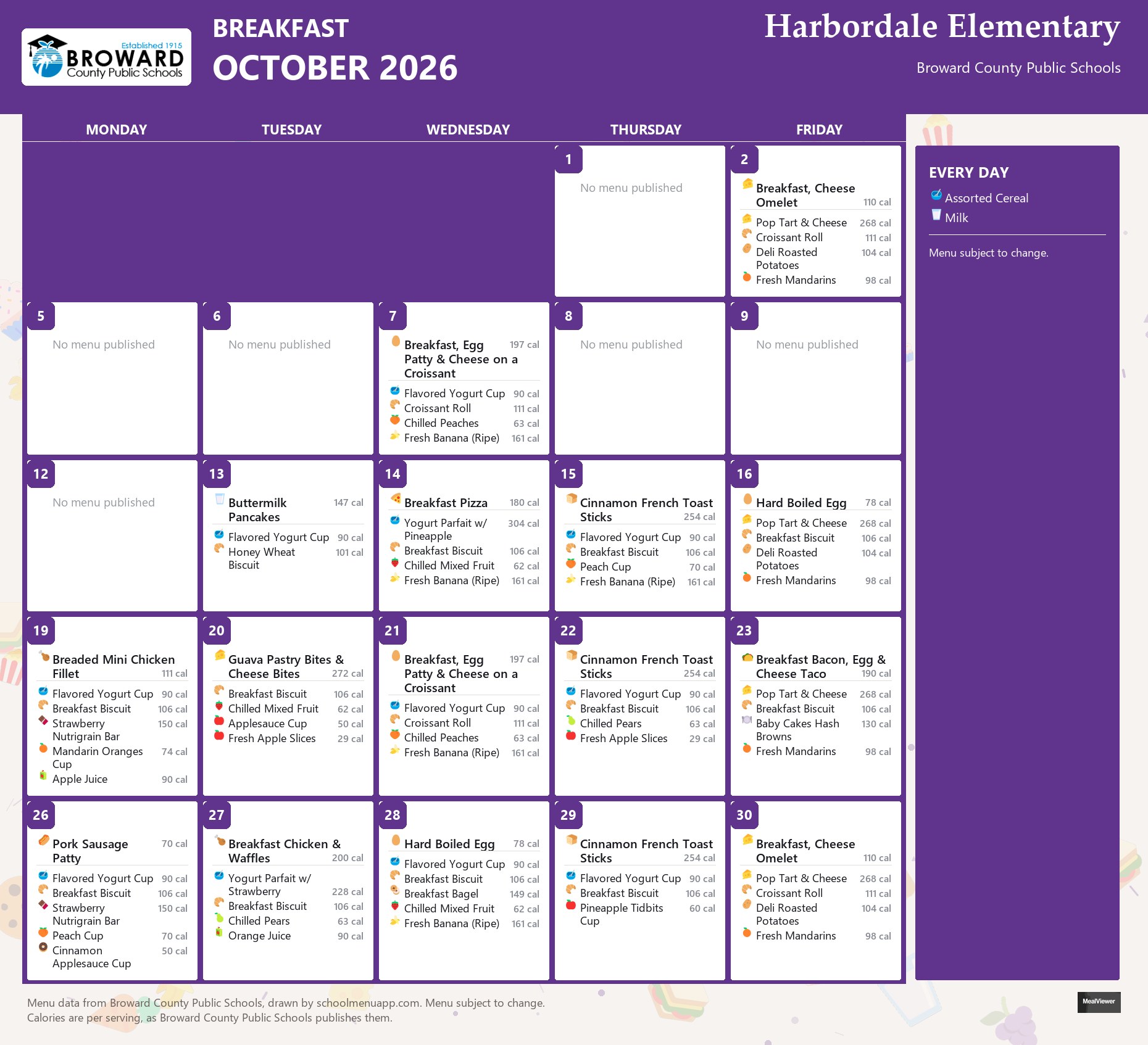 Harbordale Elementary breakfast menu for October 2026 &mdash; Broward County Public Schools