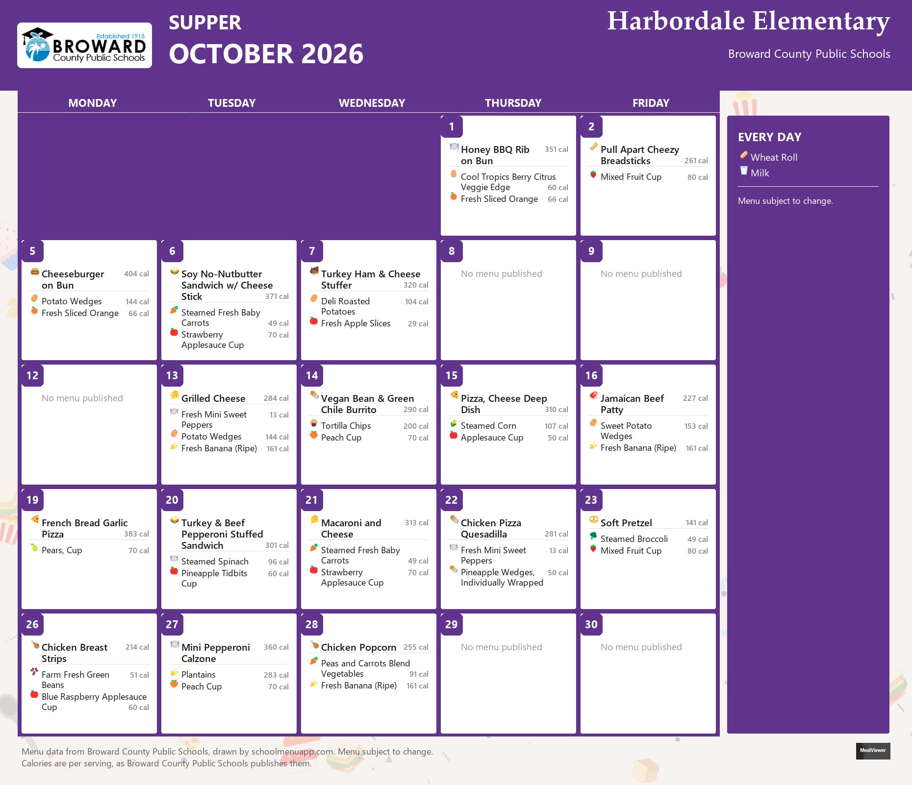 Harbordale Elementary supper menu for October 2026 &mdash; Broward County Public Schools