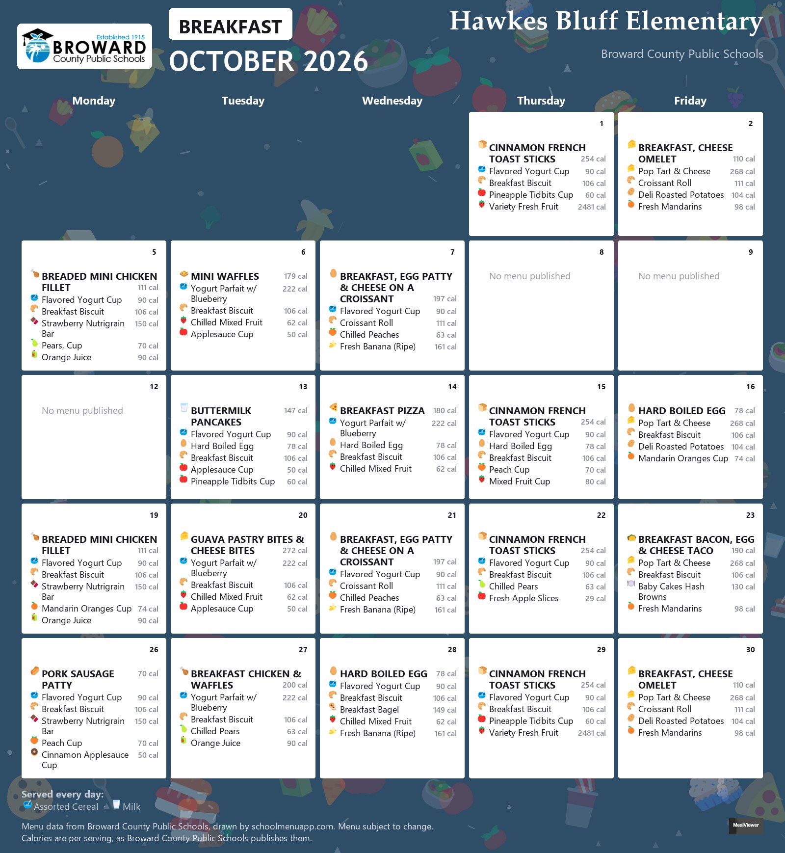 Hawkes Bluff Elementary breakfast menu for October 2026 &mdash; Broward County Public Schools