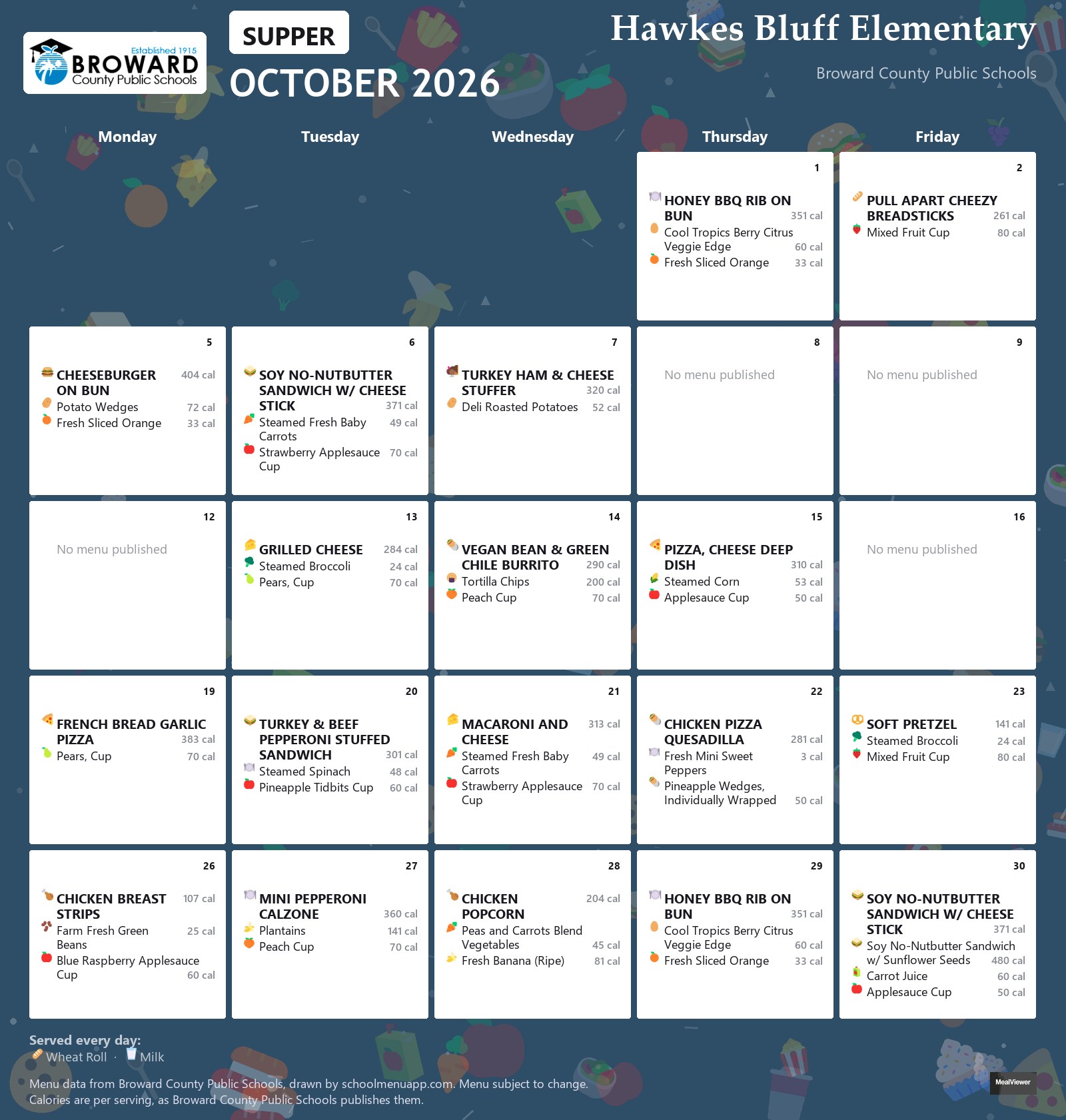 Hawkes Bluff Elementary supper menu for October 2026 &mdash; Broward County Public Schools