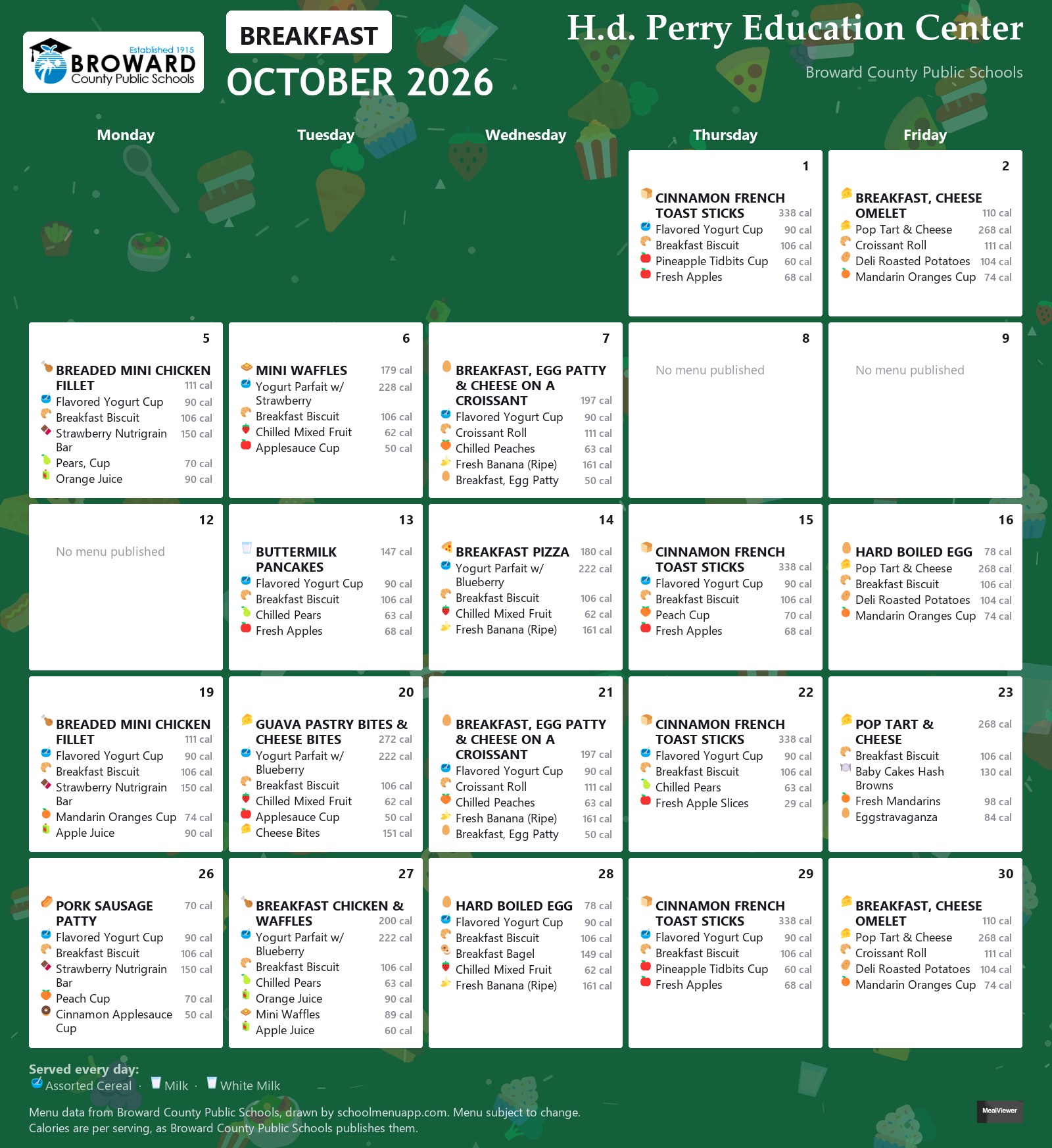 H.d. Perry Education Center breakfast menu for October 2026 &mdash; Broward County Public Schools