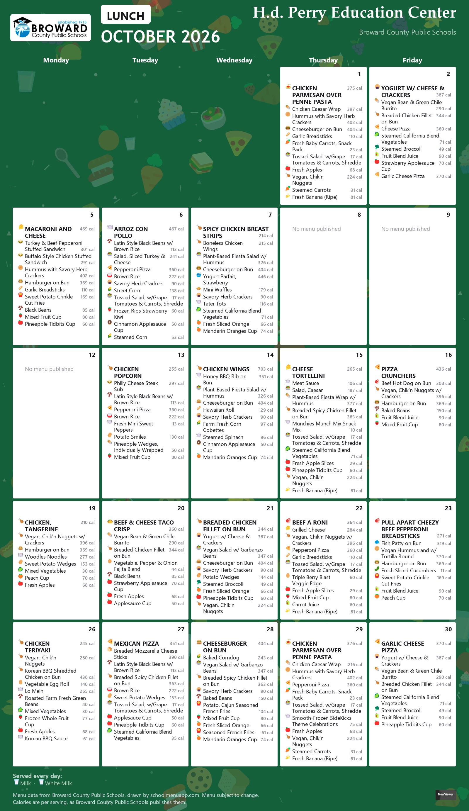 H.d. Perry Education Center lunch menu for October 2026 &mdash; Broward County Public Schools