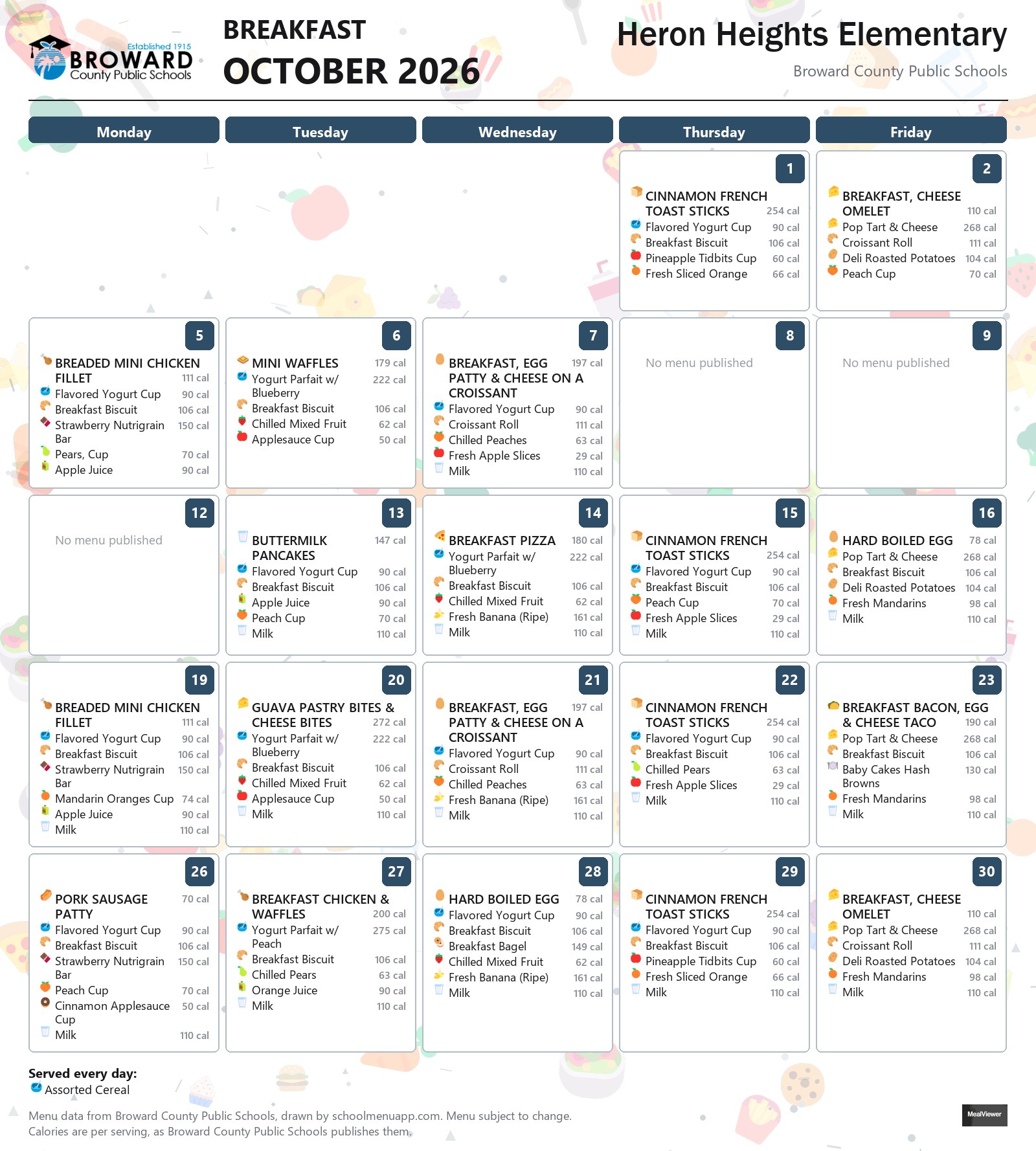 Heron Heights Elementary breakfast menu for October 2026 &mdash; Broward County Public Schools