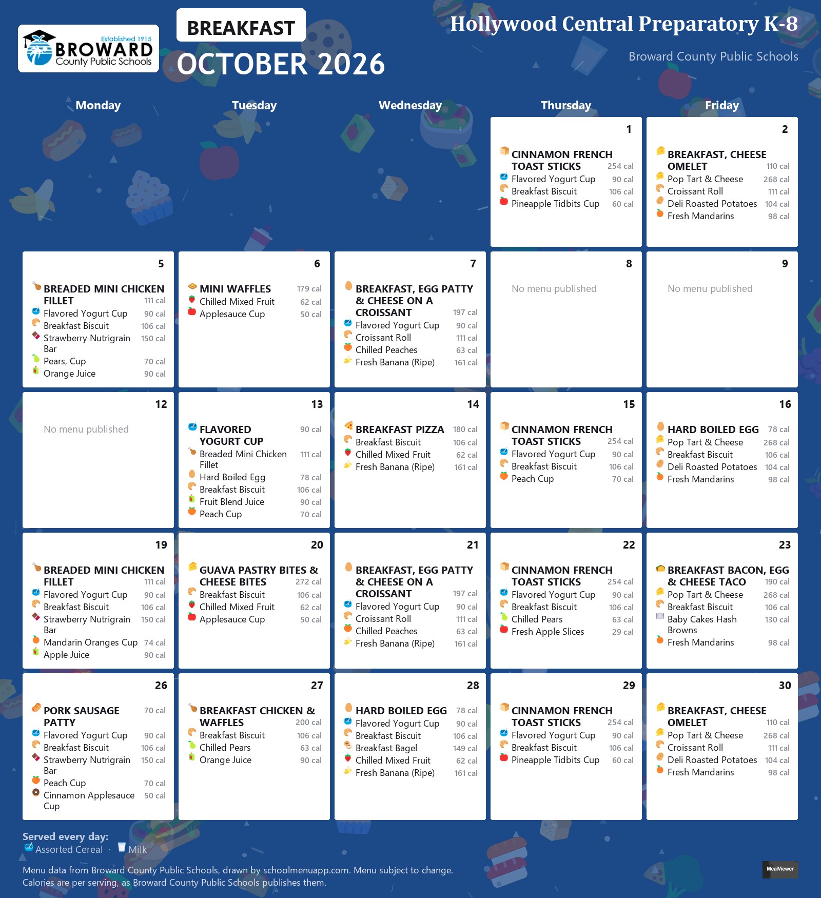 Hollywood Central Preparatory K-8 breakfast menu for October 2026 &mdash; Broward County Public Schools