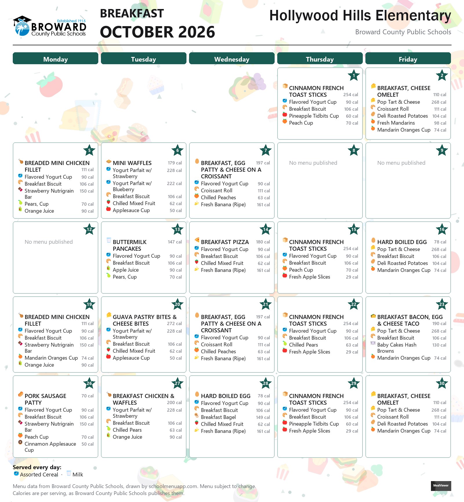 Hollywood Hills Elementary breakfast menu for October 2026 &mdash; Broward County Public Schools