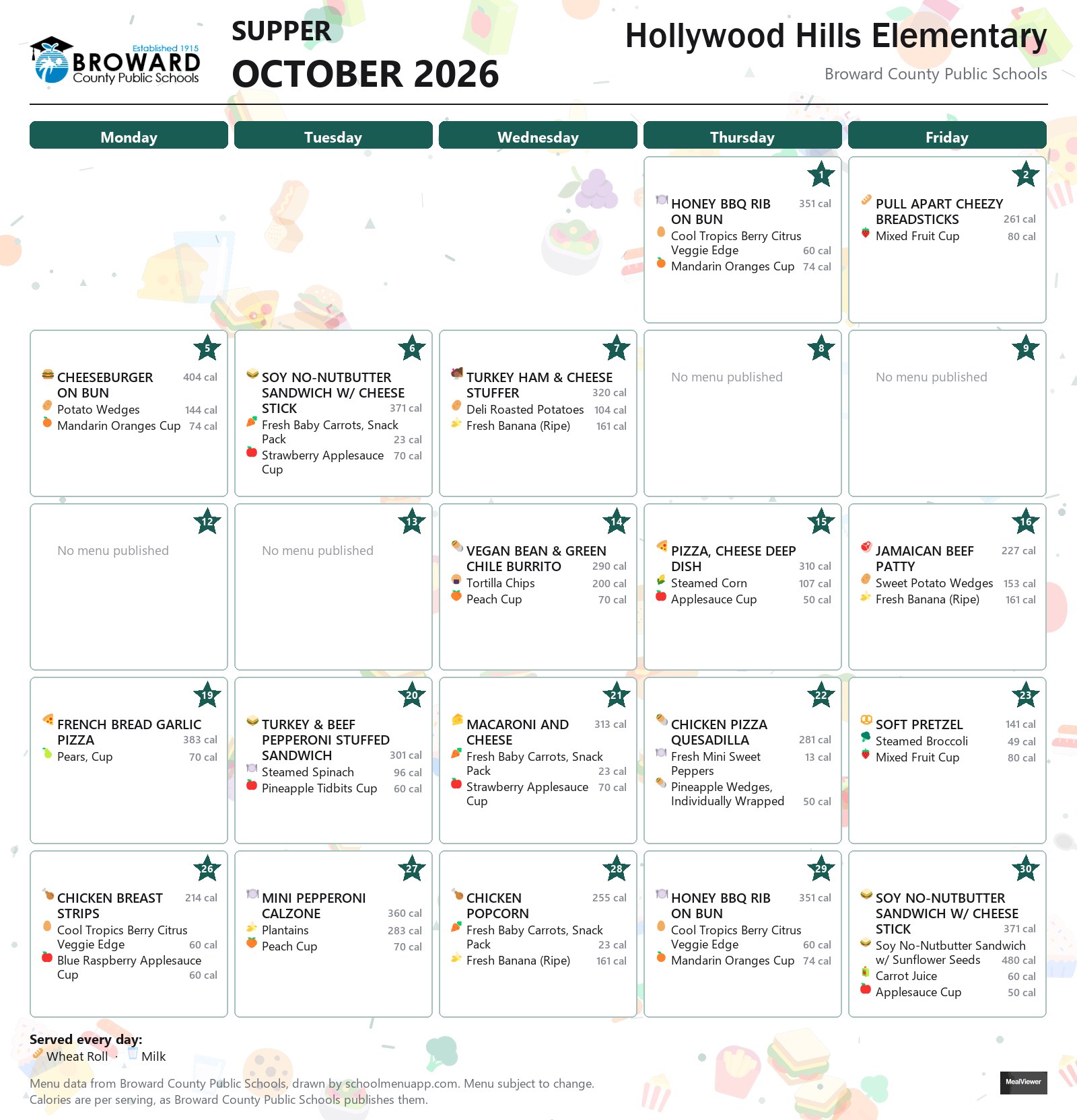 Hollywood Hills Elementary supper menu for October 2026 &mdash; Broward County Public Schools