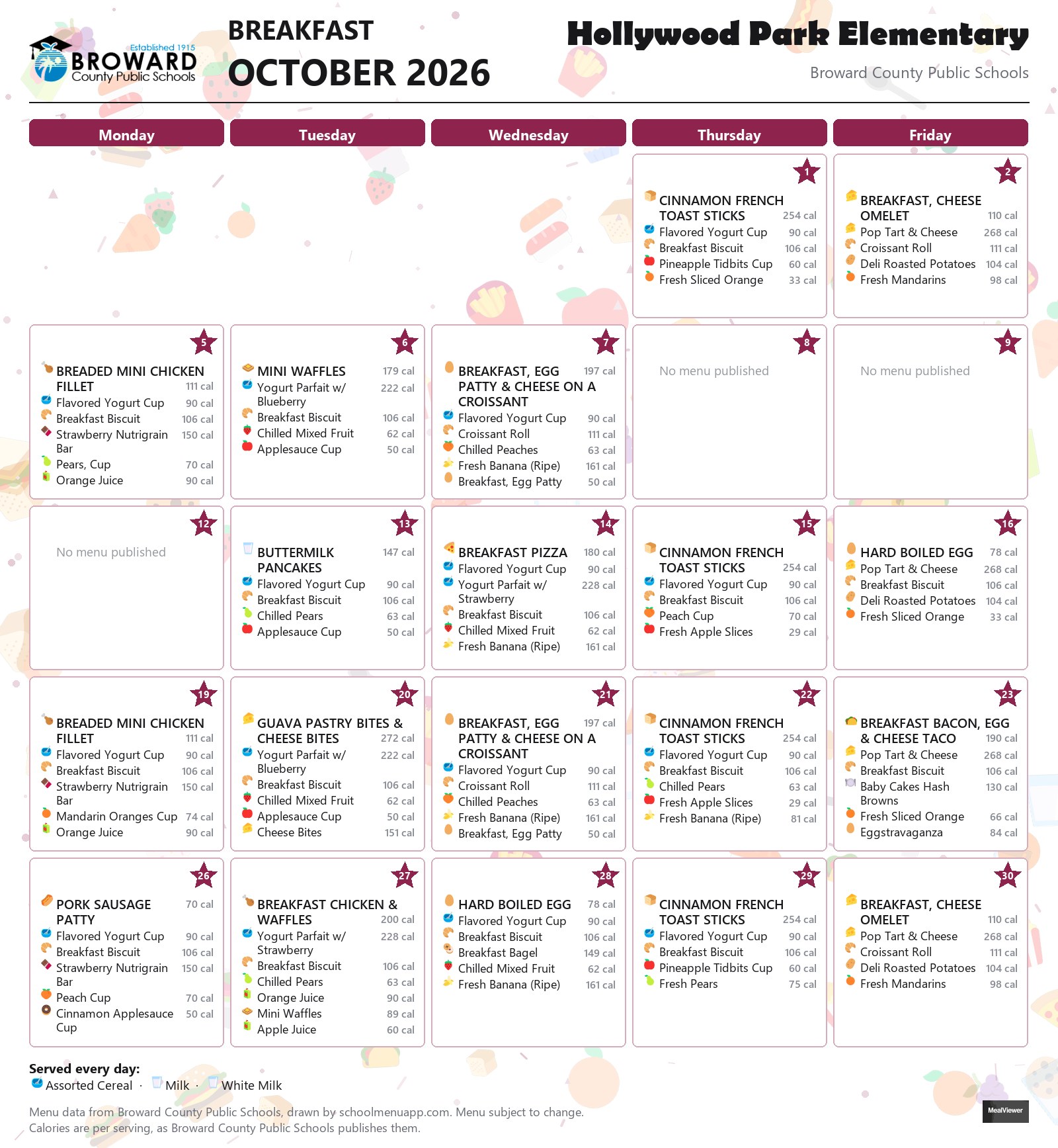 Hollywood Park Elementary breakfast menu for October 2026 &mdash; Broward County Public Schools