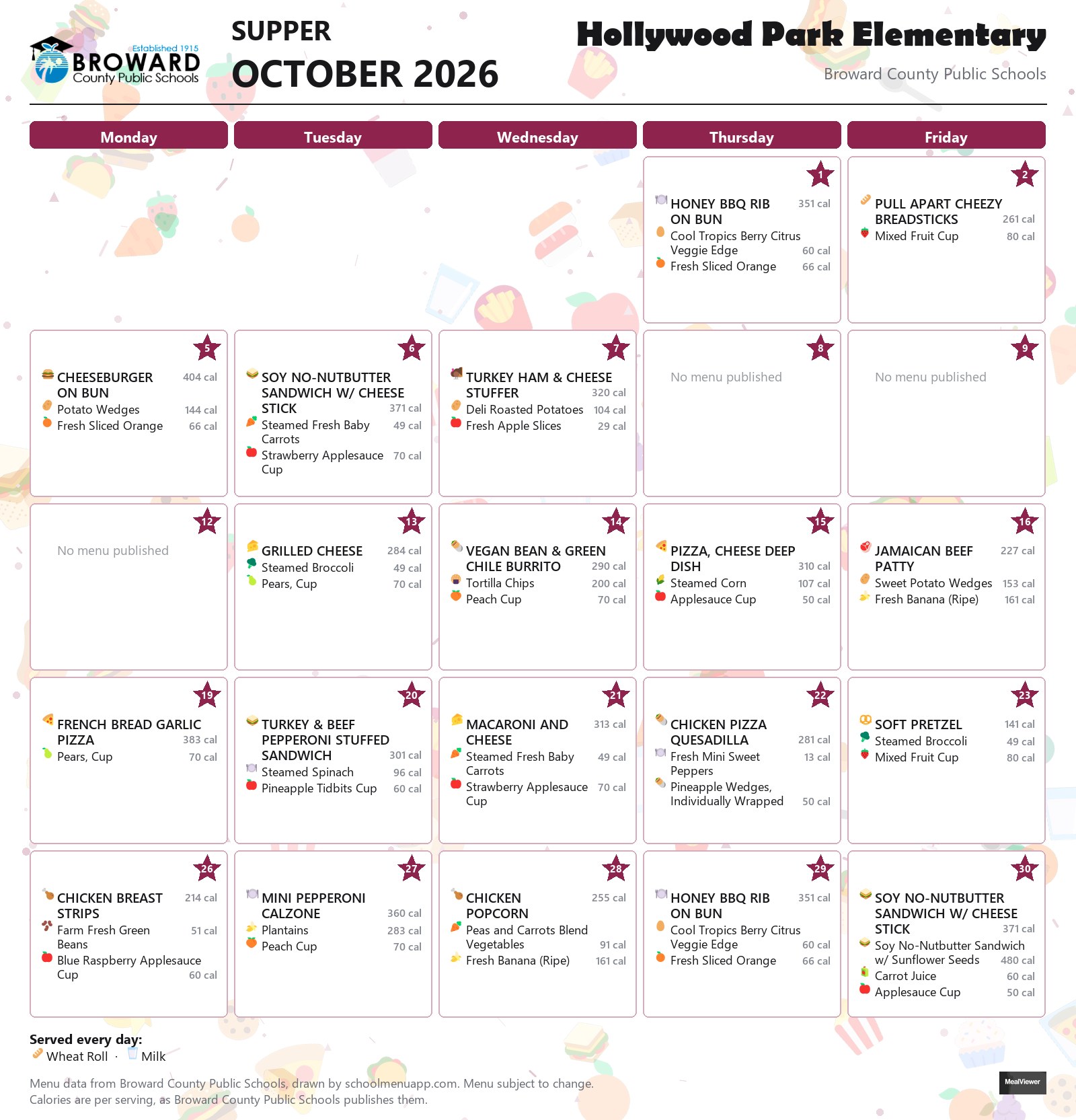 Hollywood Park Elementary supper menu for October 2026 &mdash; Broward County Public Schools