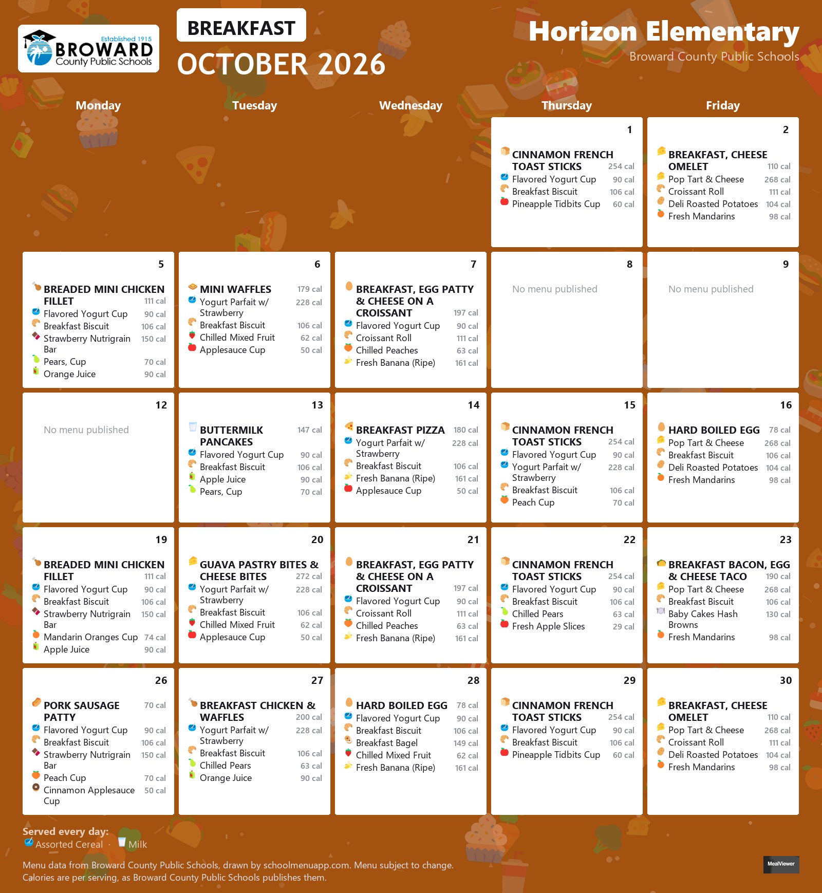 Horizon Elementary breakfast menu for October 2026 &mdash; Broward County Public Schools