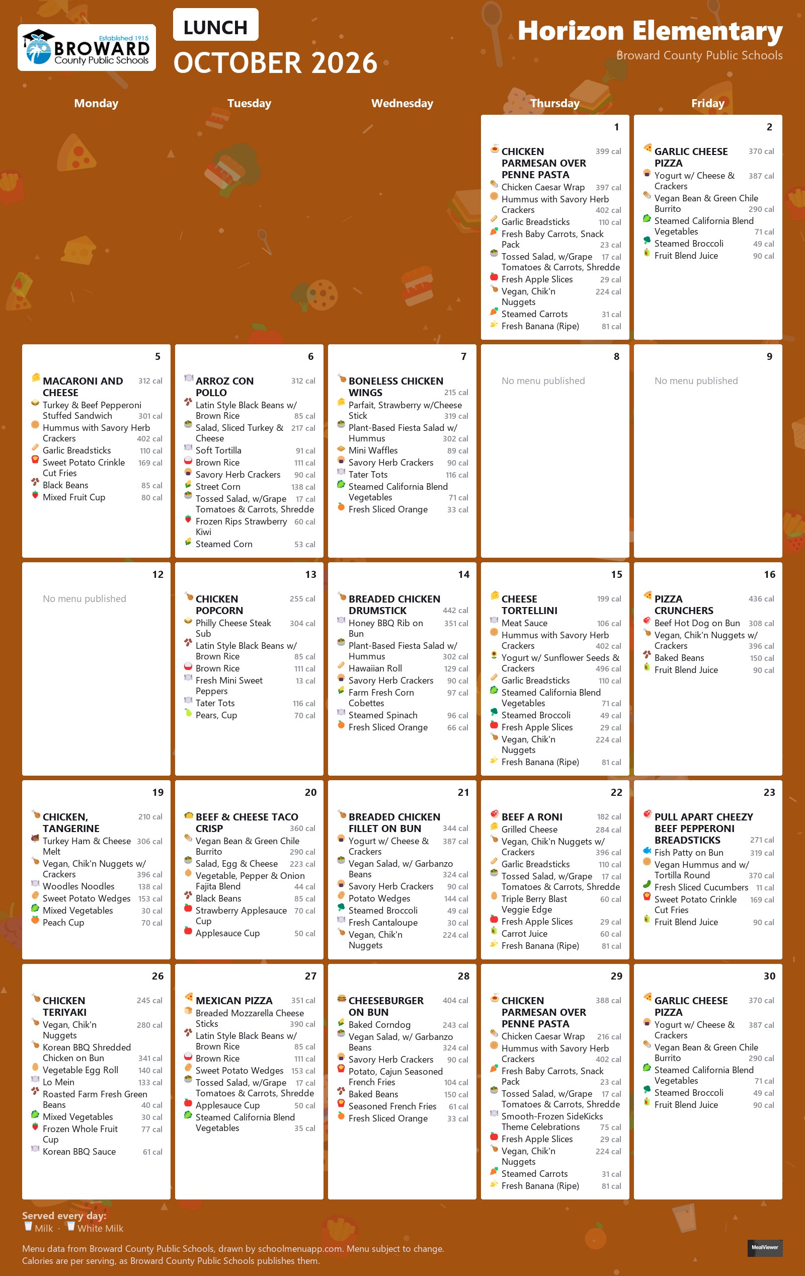 Horizon Elementary lunch menu for October 2026 &mdash; Broward County Public Schools