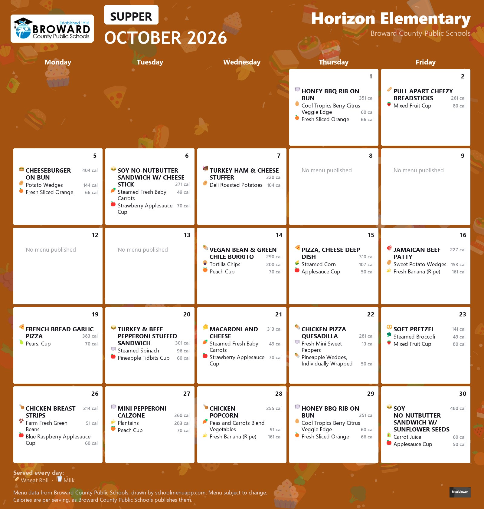Horizon Elementary supper menu for October 2026 &mdash; Broward County Public Schools