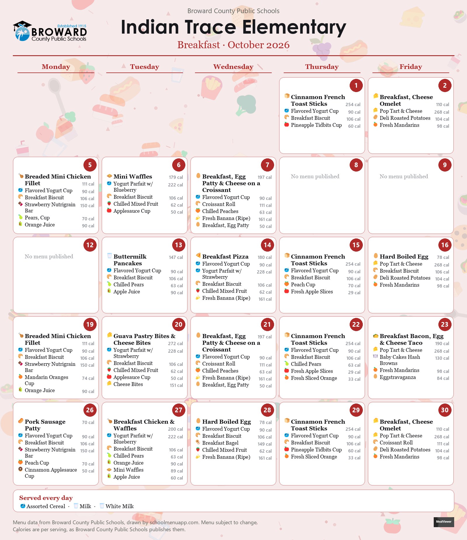 Indian Trace Elementary breakfast menu for October 2026 &mdash; Broward County Public Schools