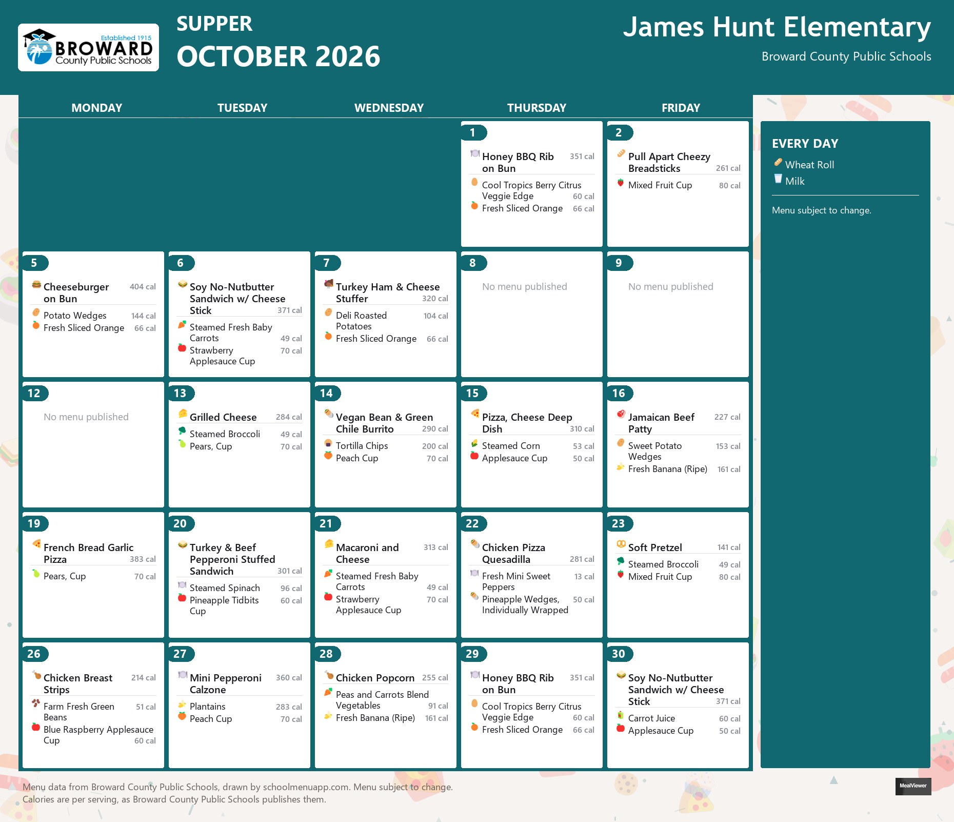 James Hunt Elementary supper menu for October 2026 &mdash; Broward County Public Schools