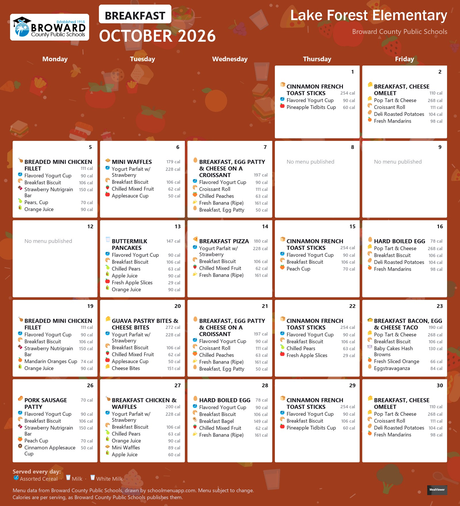 Lake Forest Elementary breakfast menu for October 2026 &mdash; Broward County Public Schools