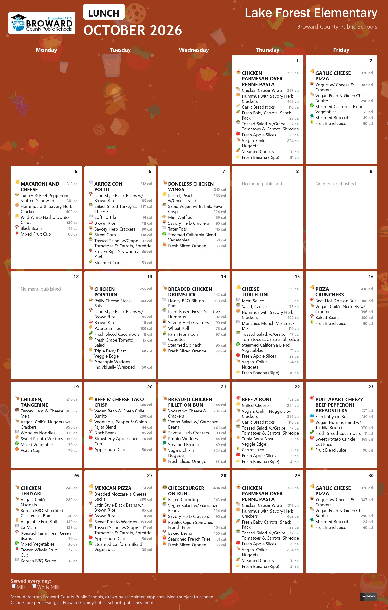 Lake Forest Elementary lunch menu for October 2026 &mdash; Broward County Public Schools