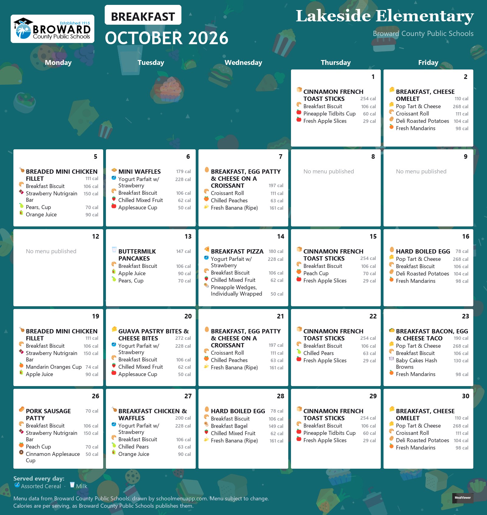 Lakeside Elementary breakfast menu for October 2026 &mdash; Broward County Public Schools