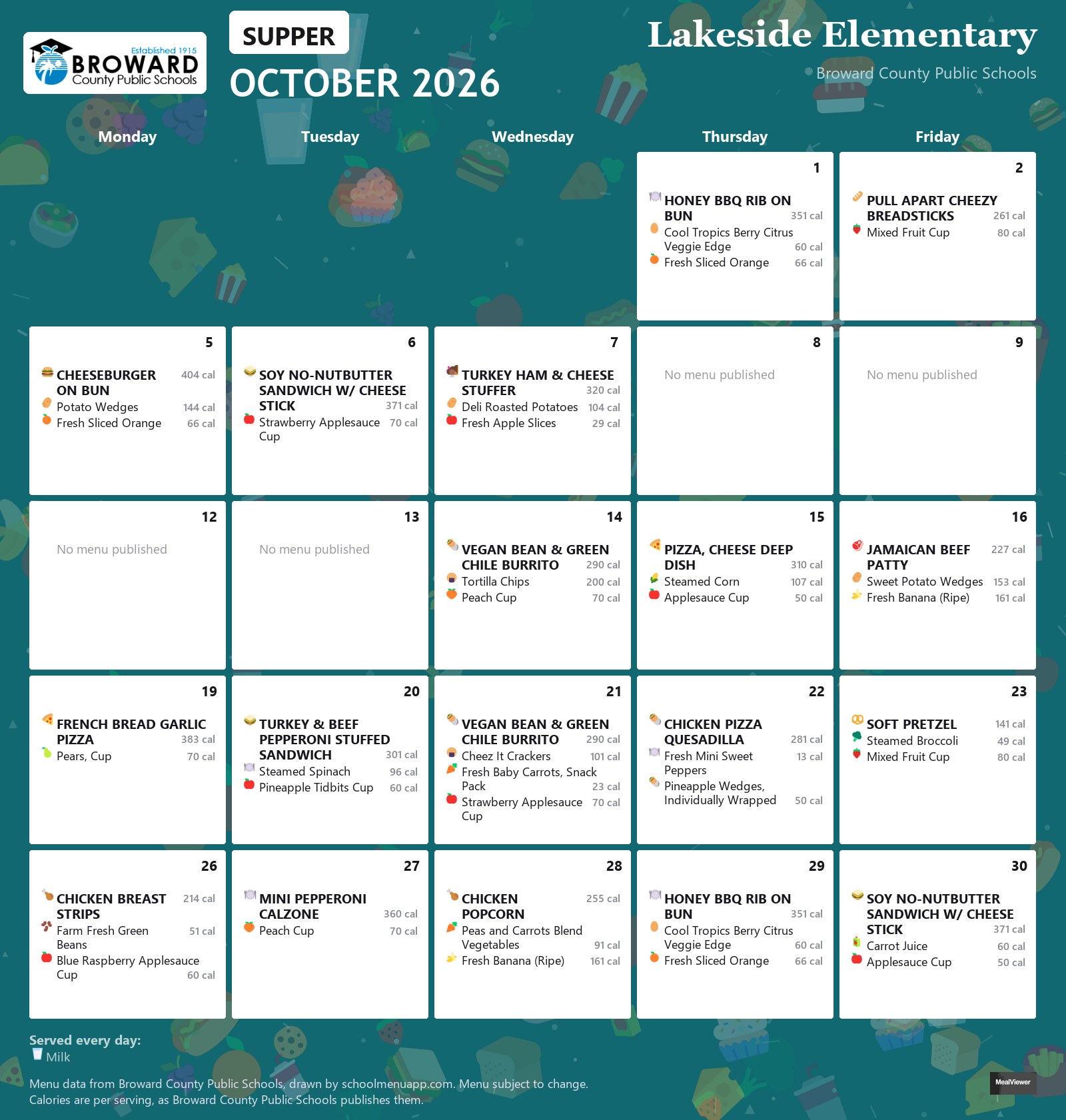 Lakeside Elementary supper menu for October 2026 &mdash; Broward County Public Schools