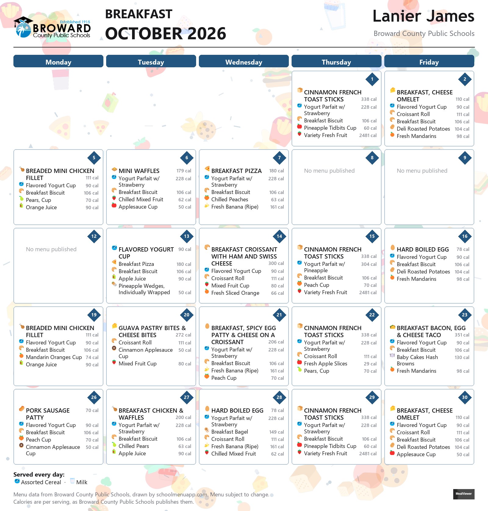 Lanier James breakfast menu for October 2026 &mdash; Broward County Public Schools