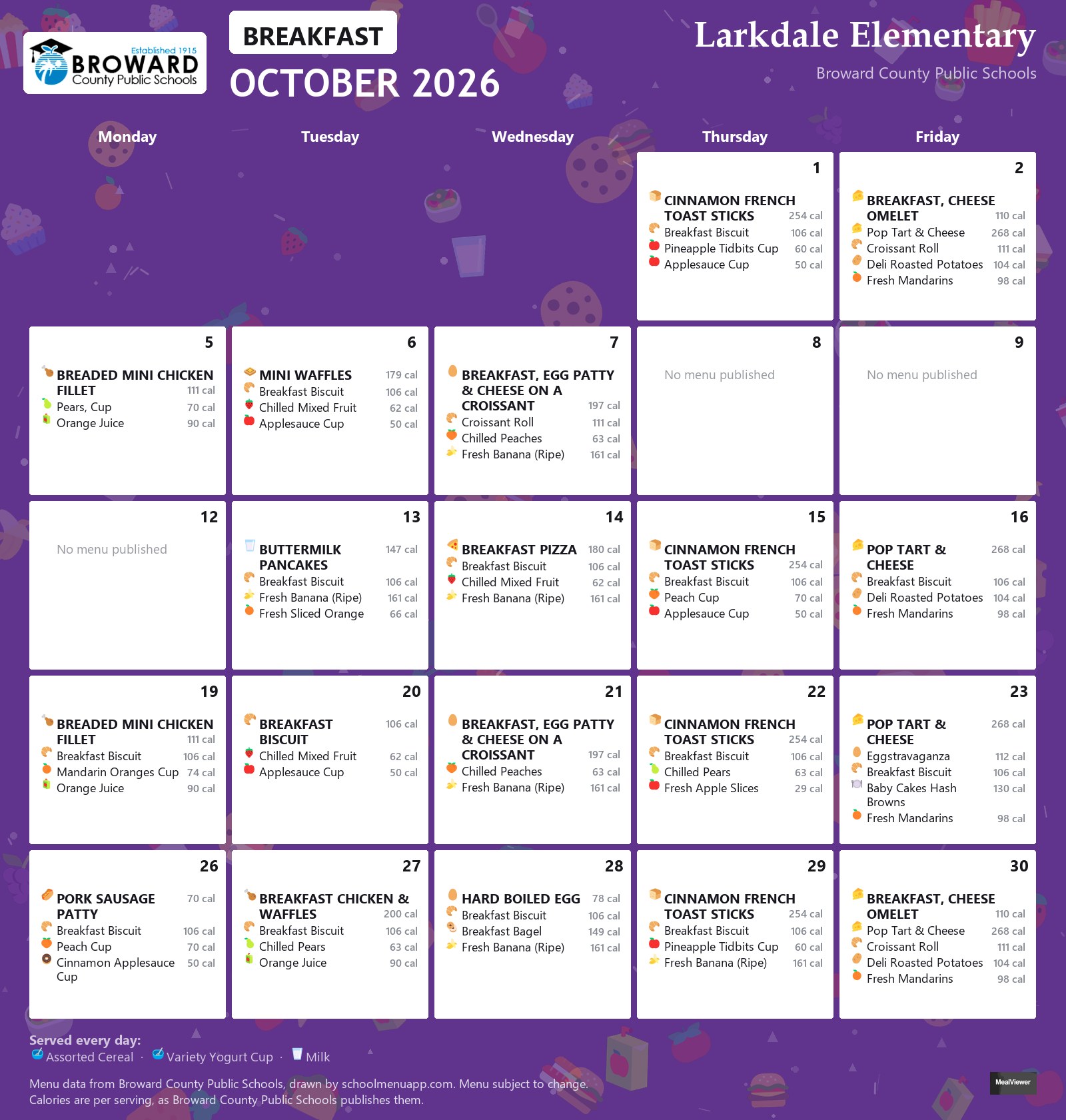 Larkdale Elementary breakfast menu for October 2026 &mdash; Broward County Public Schools