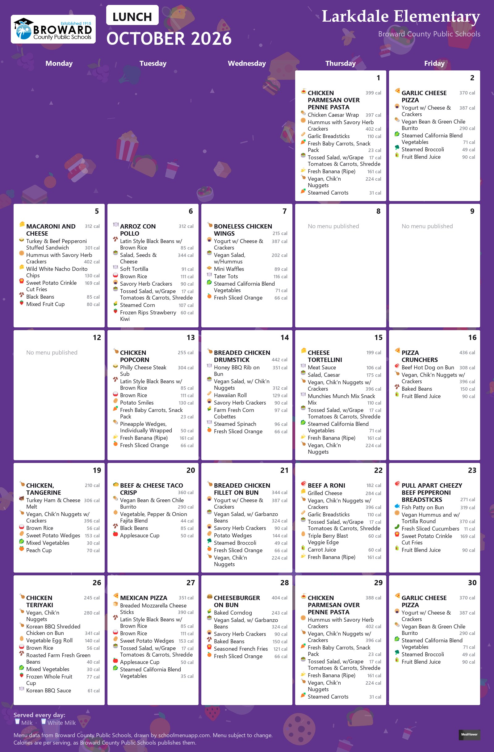 Larkdale Elementary lunch menu for October 2026 &mdash; Broward County Public Schools