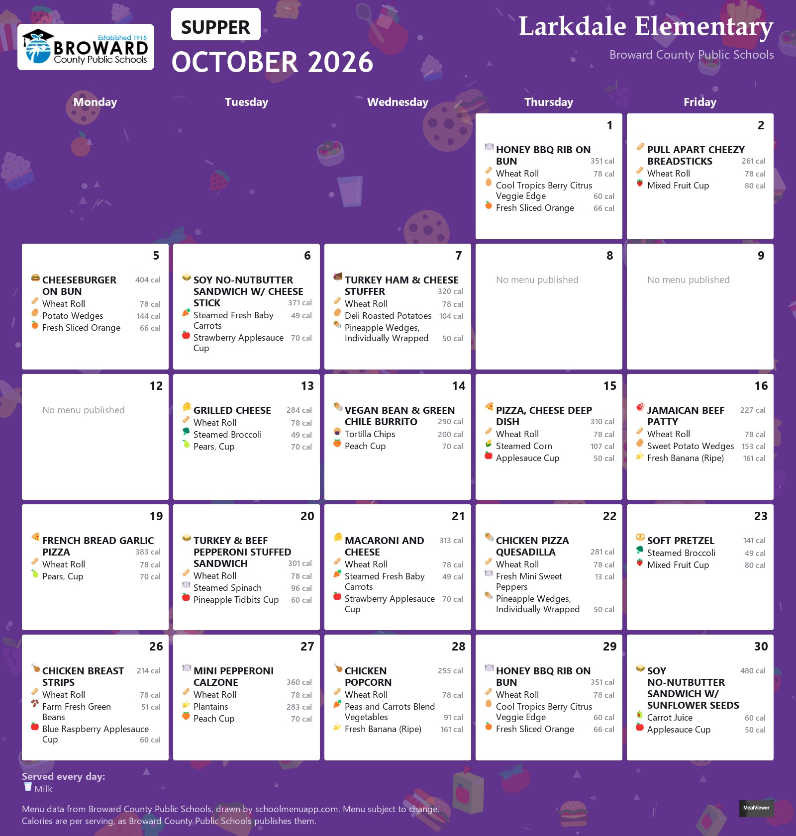 Larkdale Elementary supper menu for October 2026 &mdash; Broward County Public Schools
