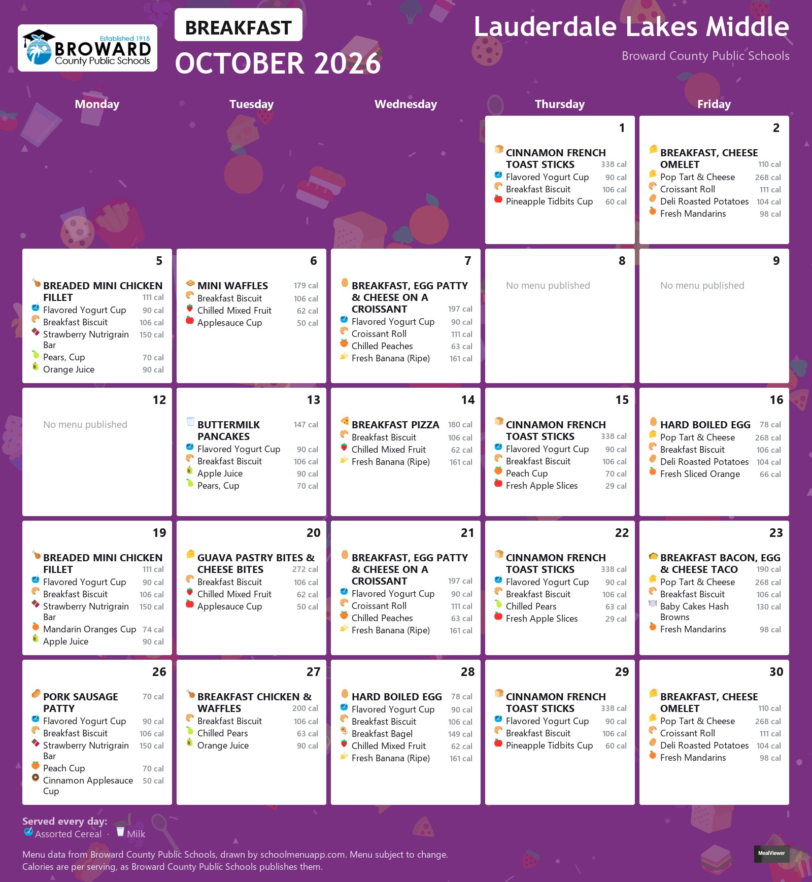 Lauderdale Lakes Middle breakfast menu for October 2026 &mdash; Broward County Public Schools