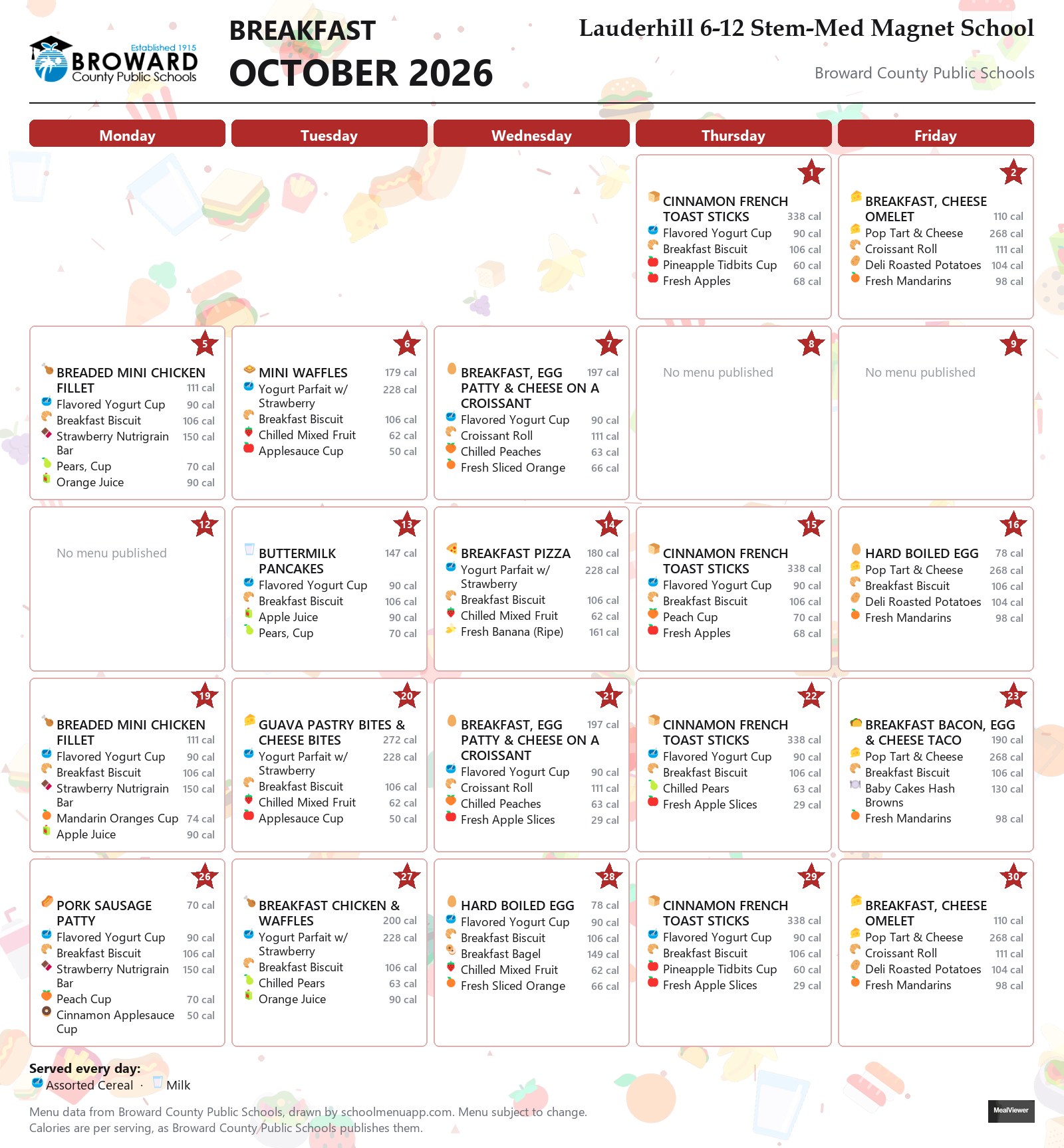 Lauderhill 6-12 Stem-Med Magnet School breakfast menu for October 2026 &mdash; Broward County Public Schools