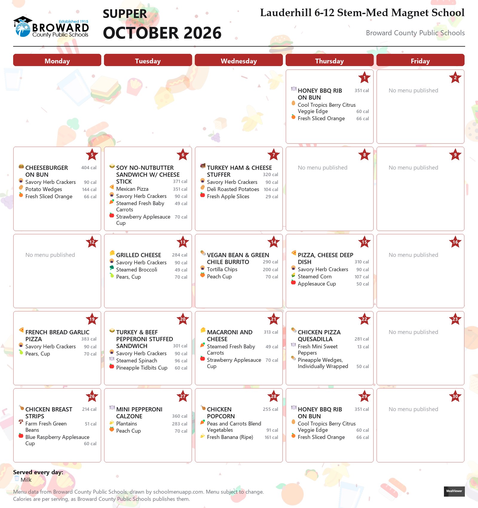 Lauderhill 6-12 Stem-Med Magnet School supper menu for October 2026 &mdash; Broward County Public Schools