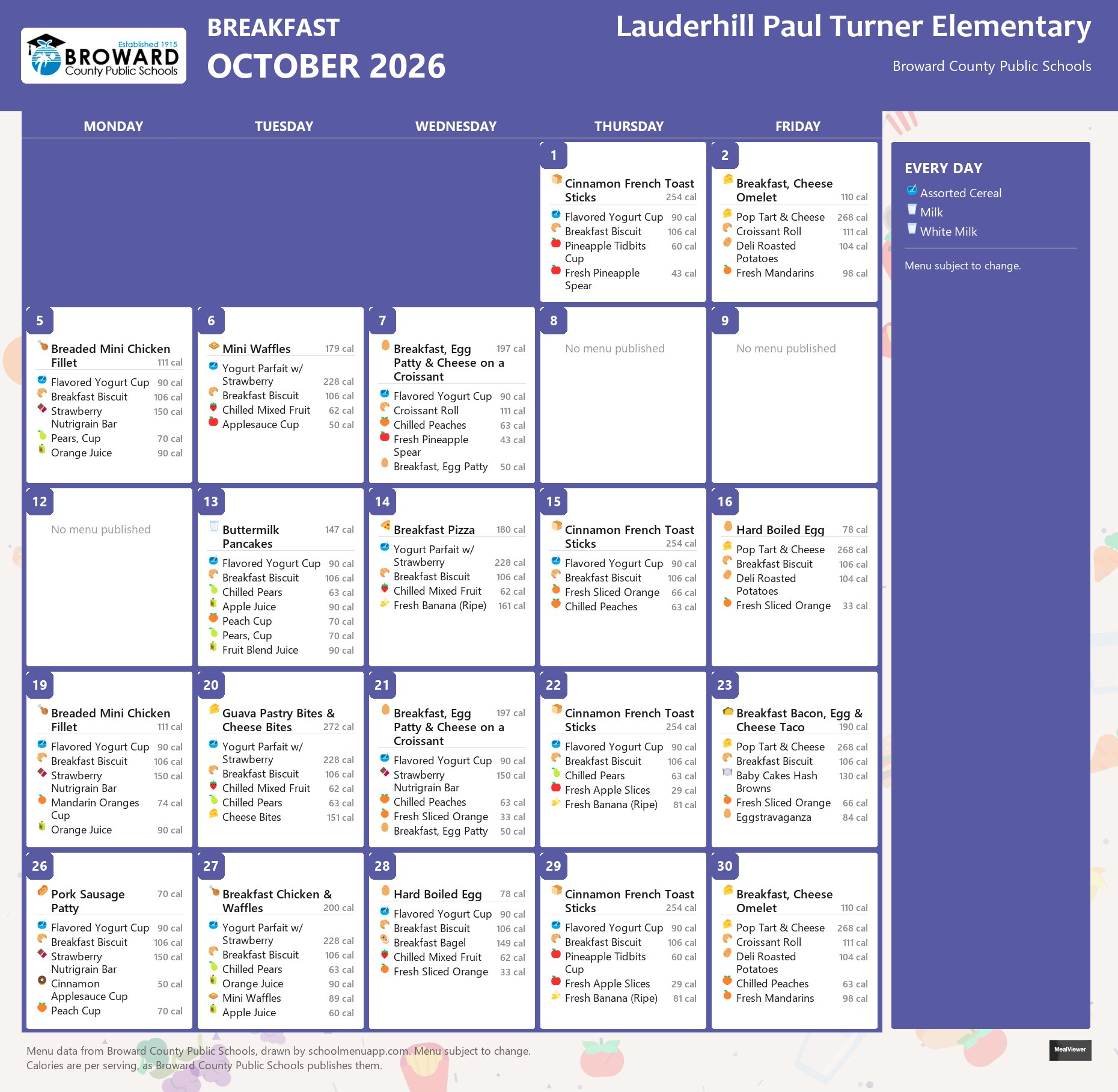 Lauderhill Paul Turner Elementary breakfast menu for October 2026 &mdash; Broward County Public Schools