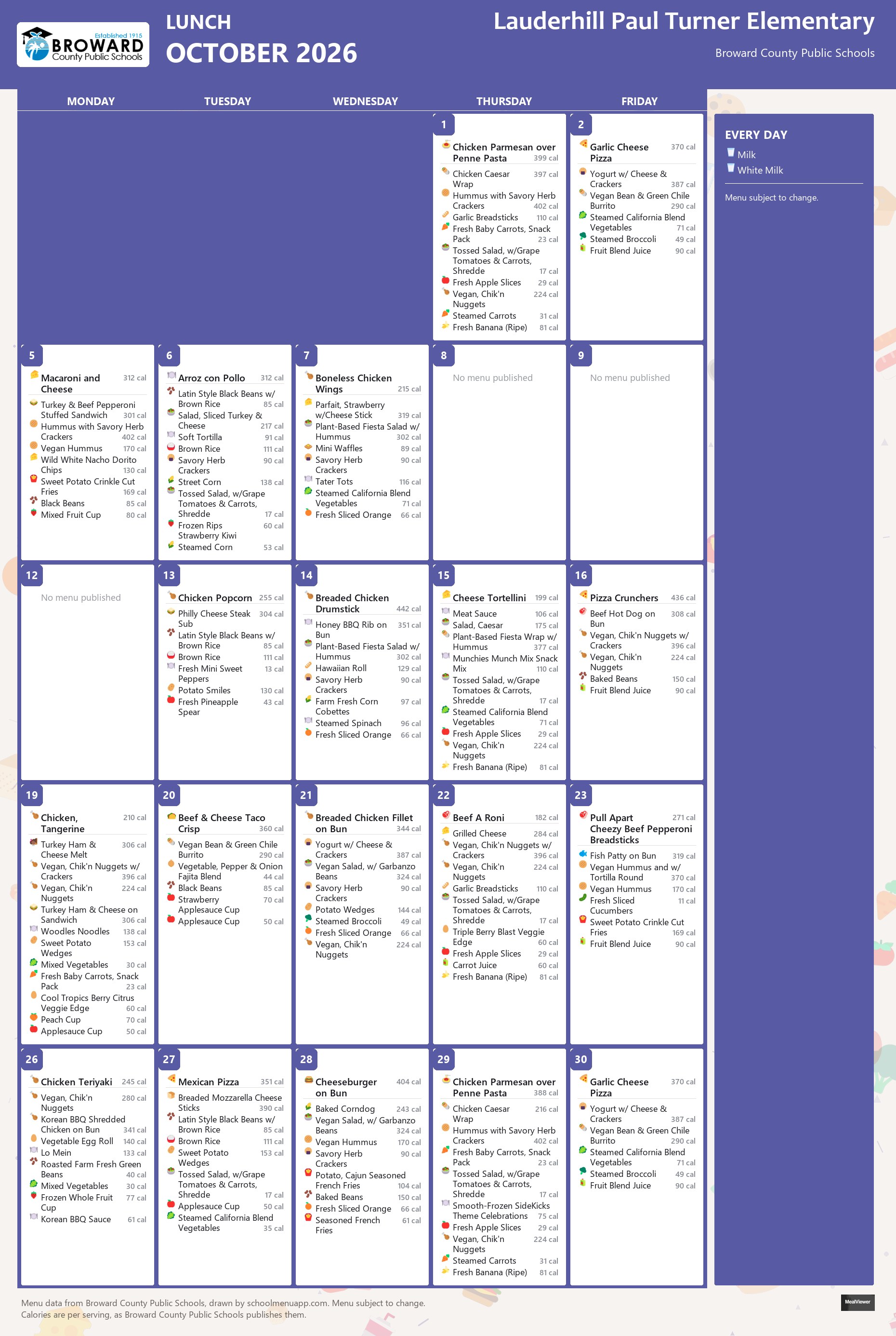 Lauderhill Paul Turner Elementary lunch menu for October 2026 &mdash; Broward County Public Schools