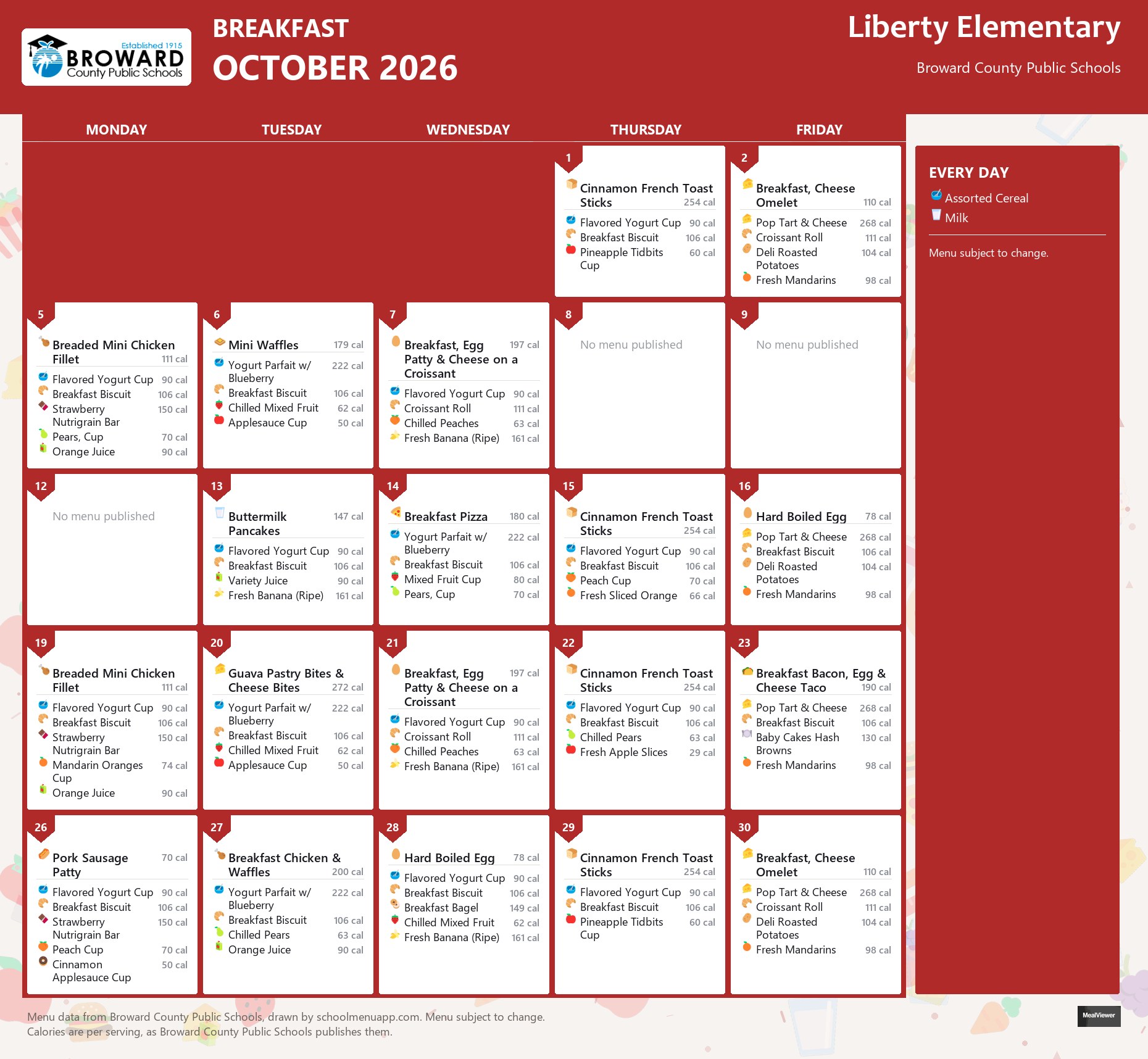 Liberty Elementary breakfast menu for October 2026 &mdash; Broward County Public Schools
