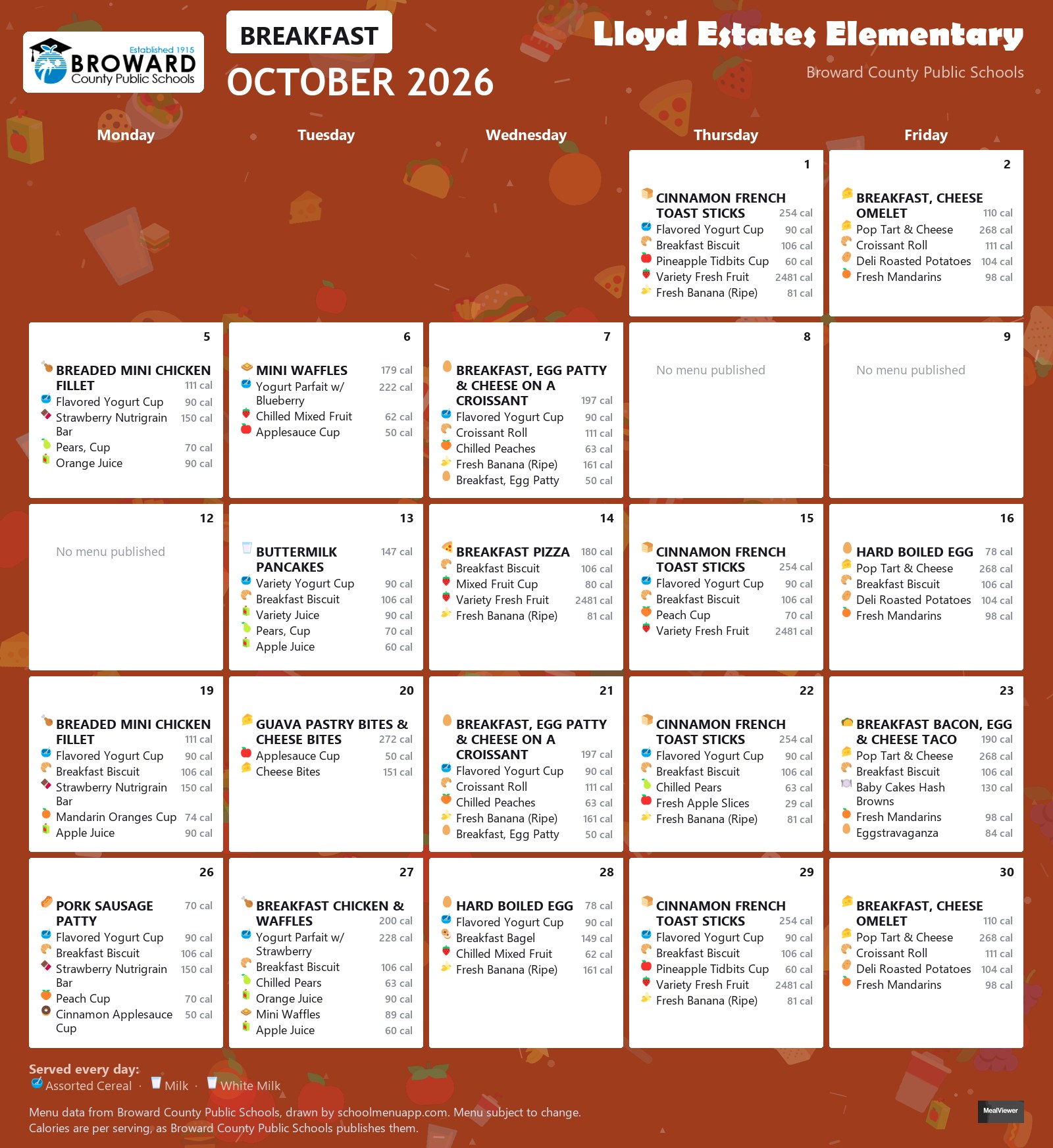 Lloyd Estates Elementary breakfast menu for October 2026 &mdash; Broward County Public Schools
