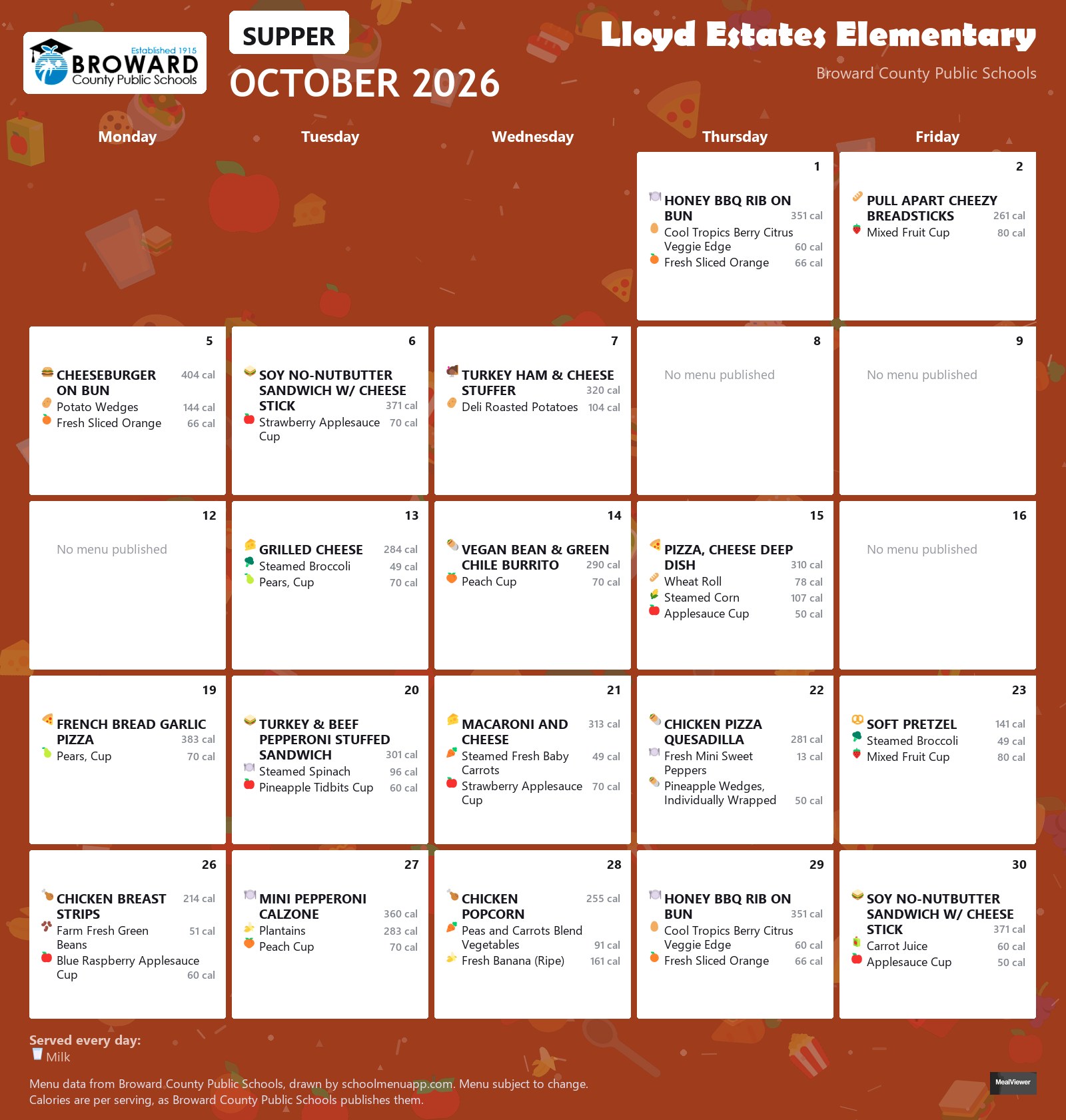 Lloyd Estates Elementary supper menu for October 2026 &mdash; Broward County Public Schools