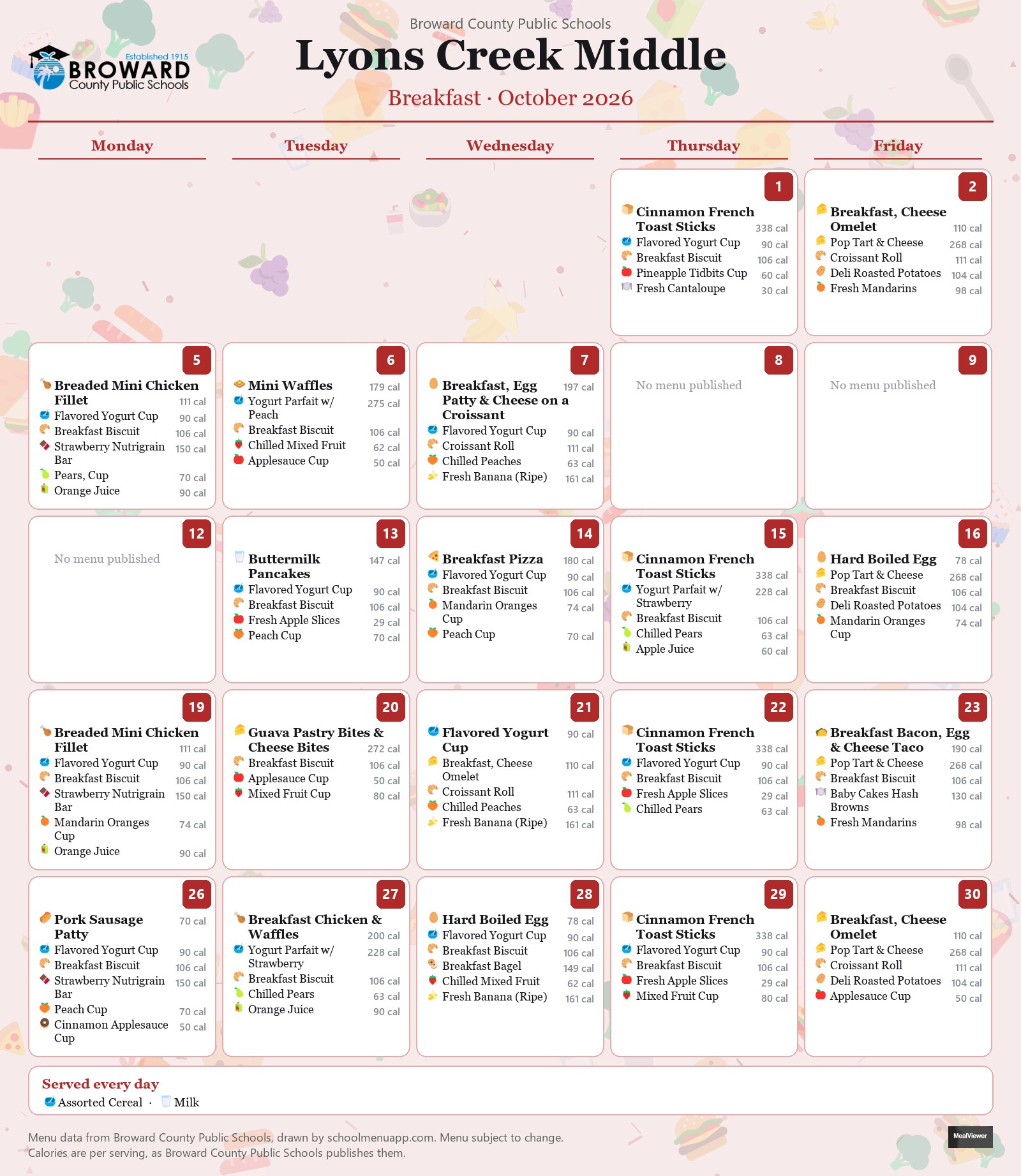 Lyons Creek Middle breakfast menu for October 2026 &mdash; Broward County Public Schools