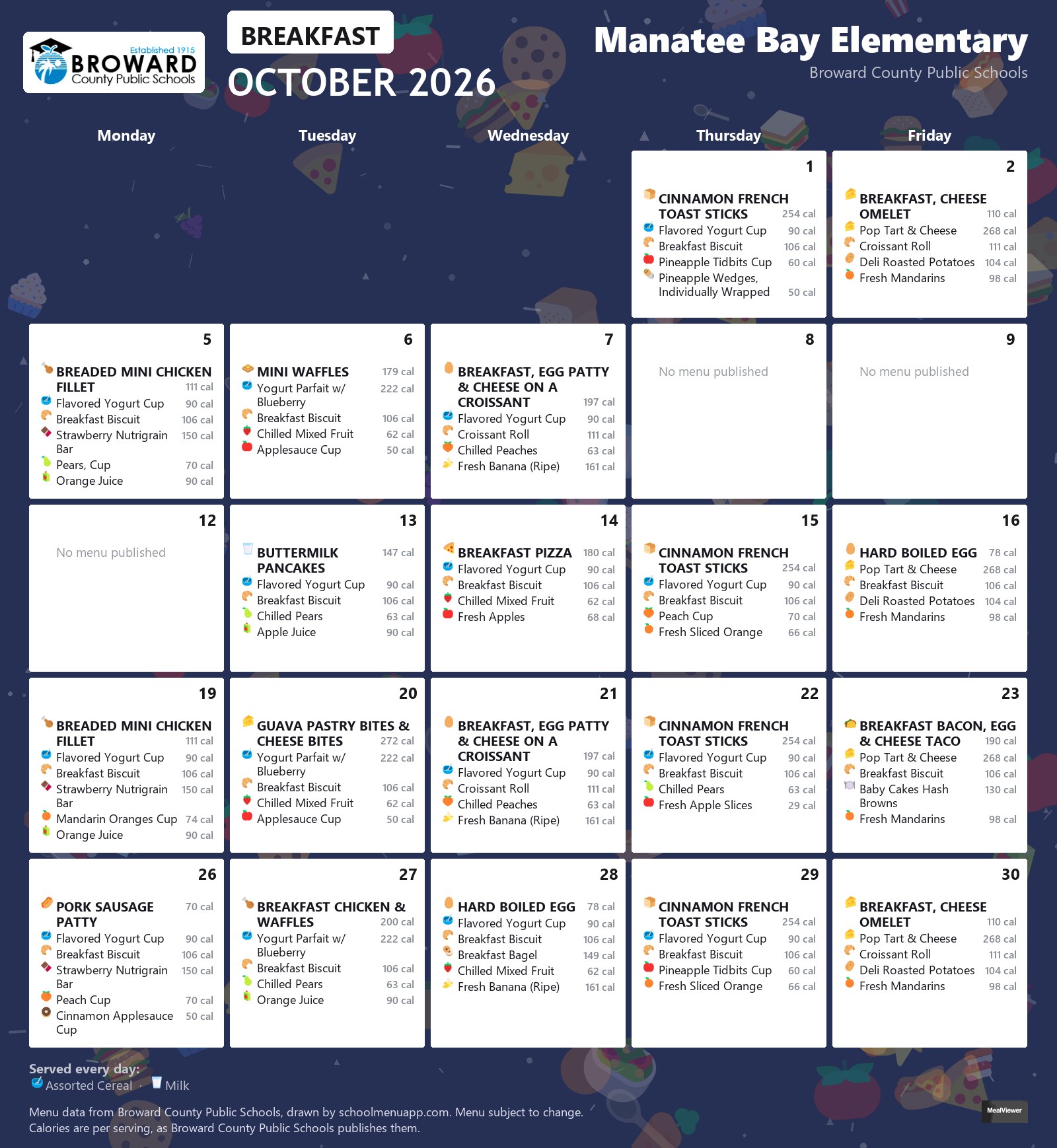 Manatee Bay Elementary breakfast menu for October 2026 &mdash; Broward County Public Schools