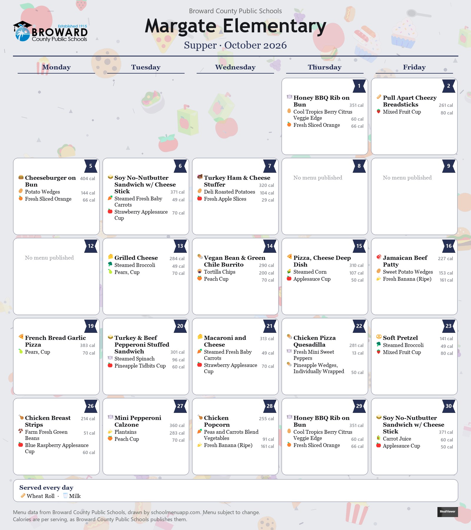 Margate Elementary supper menu for October 2026 &mdash; Broward County Public Schools