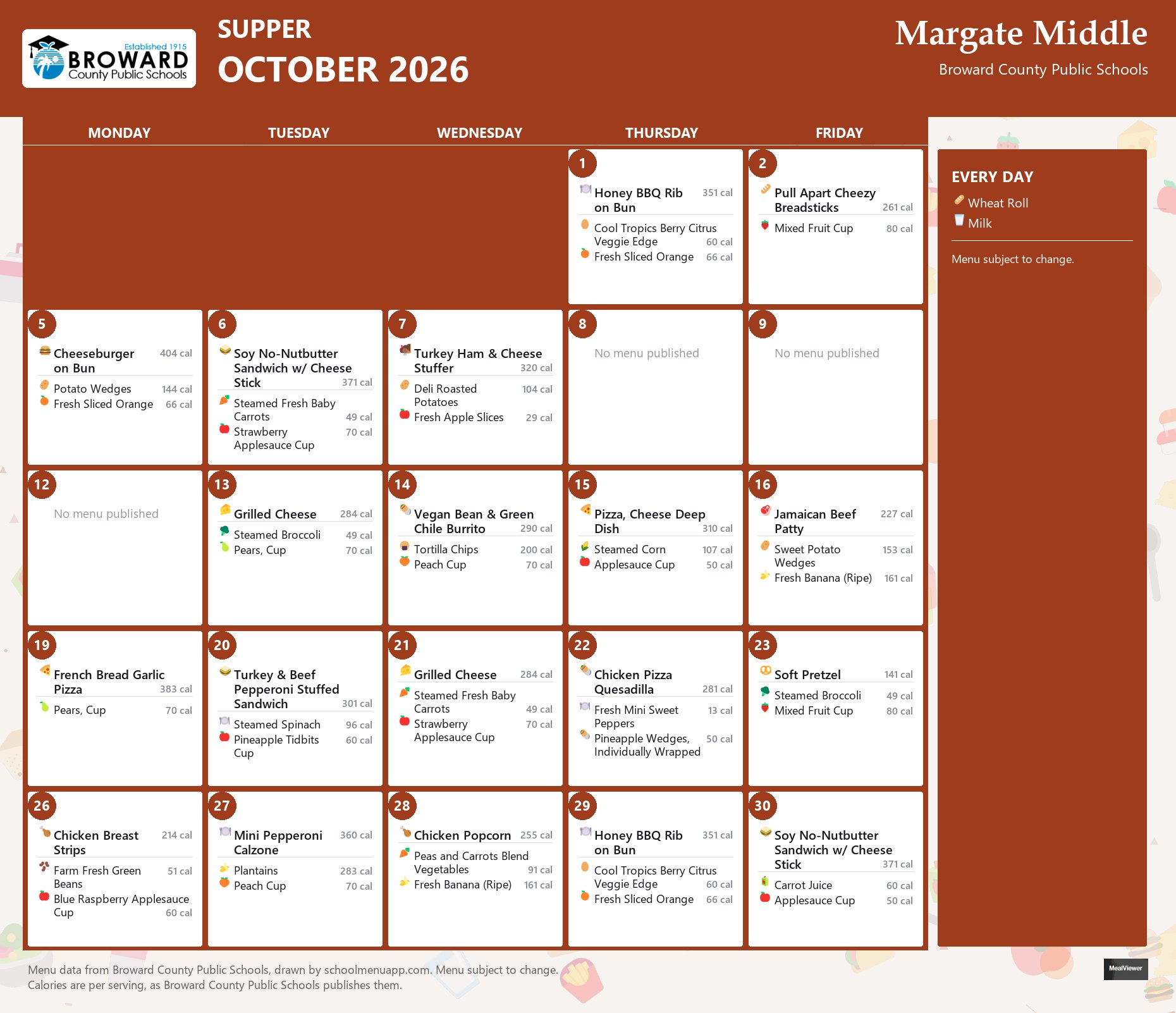 Margate Middle supper menu for October 2026 &mdash; Broward County Public Schools
